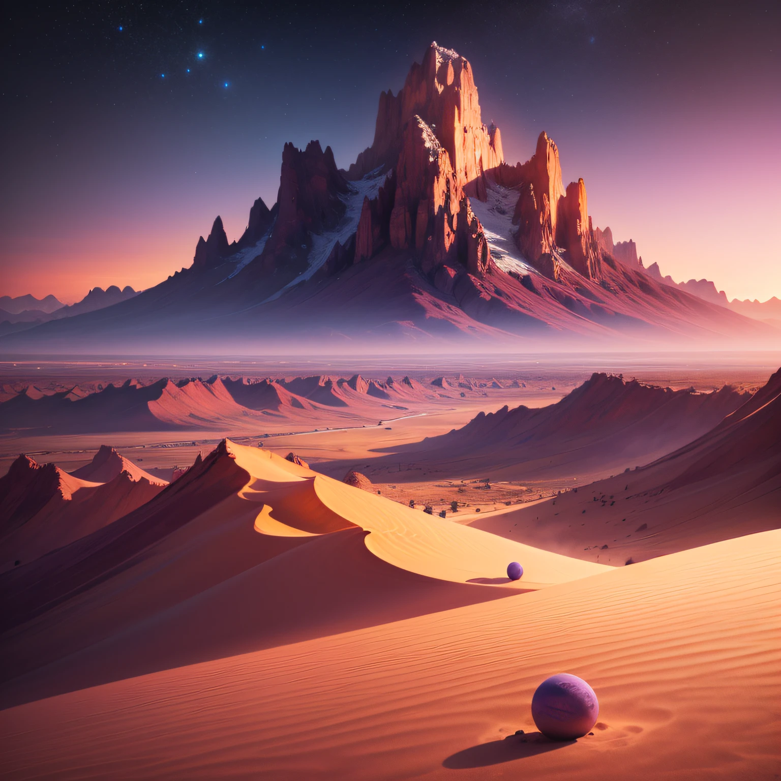 Landscape of a purple desert space planet with mountains at dawn --auto