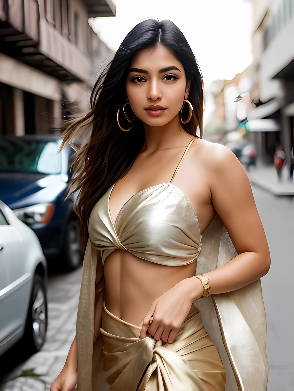 photo of a stunning beautiful Indian woman ethnicity, honey eyes, long messy windy blonde hair, flipping hair, closeup zoomed in tight crop portrait, walking down a (big city alley people cars scene:1.2) wearing a (gauze sarong:1.3) (shopping bags on her hand:1.3) (Lighting-Gold:1.2) foreground objects background details (masterpiece:1.2) (photorealistic:1.2) (bokeh:1.2) (best quality) (color grading) (detailed skin:1.3) (intricate) (8k) (HDR) (cinematic lighting:1.3) (sharp focus), messy windy hair
