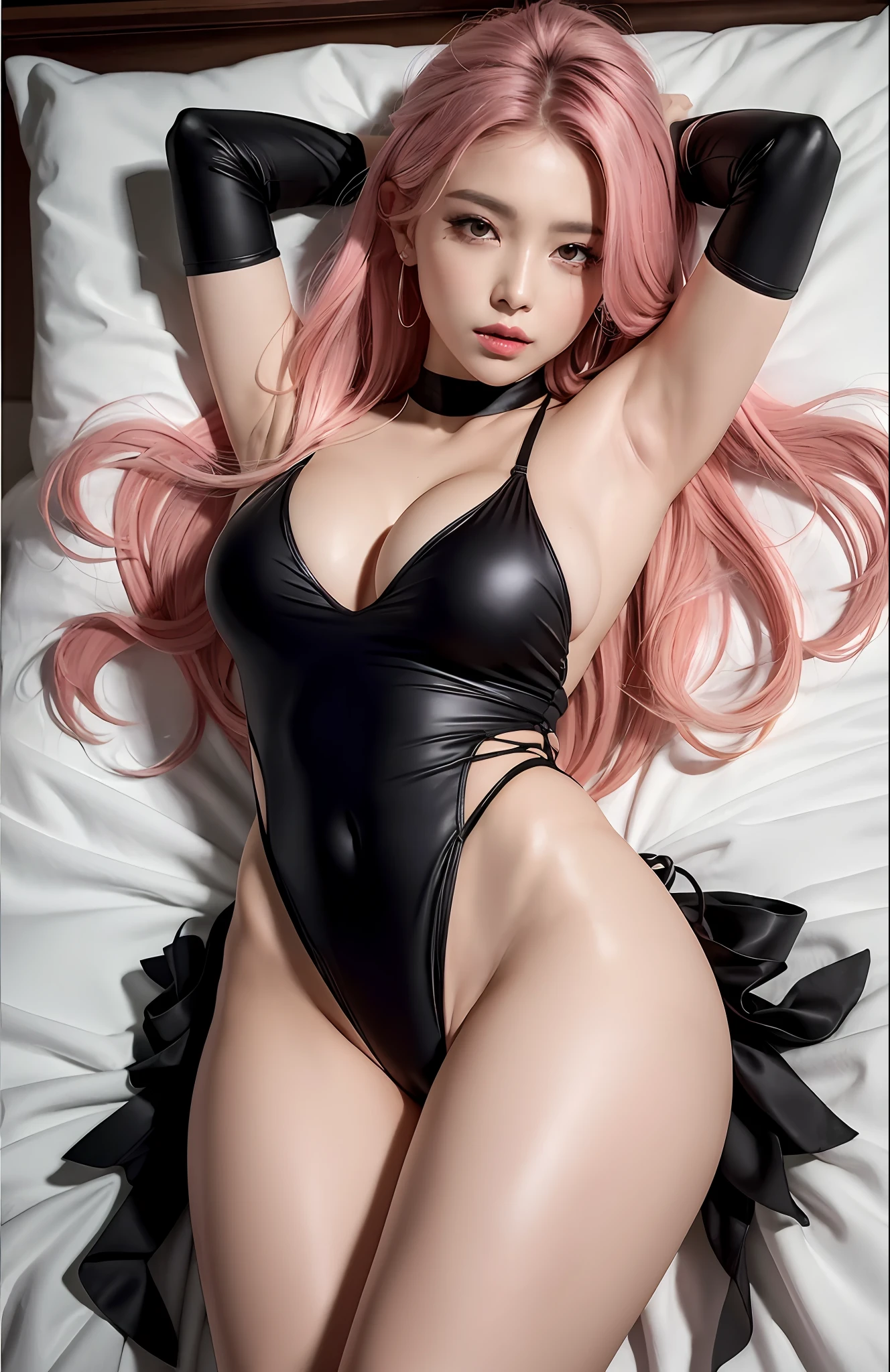 (8k, best quality, masterpiece: 1.2), (best quality: 1.0), ultra high resolution: 1.0, very detailed, rendered, 4k, ridiculous, HDR, looking at the viewer,
Lying on bed, one arm up, armpits, mer1, long pink hair, sexy, white swimsuit, torn swimsuit: 1.6, crimson lips, parted lips, closed mouth, large breasts, medium fullness, thighs,
