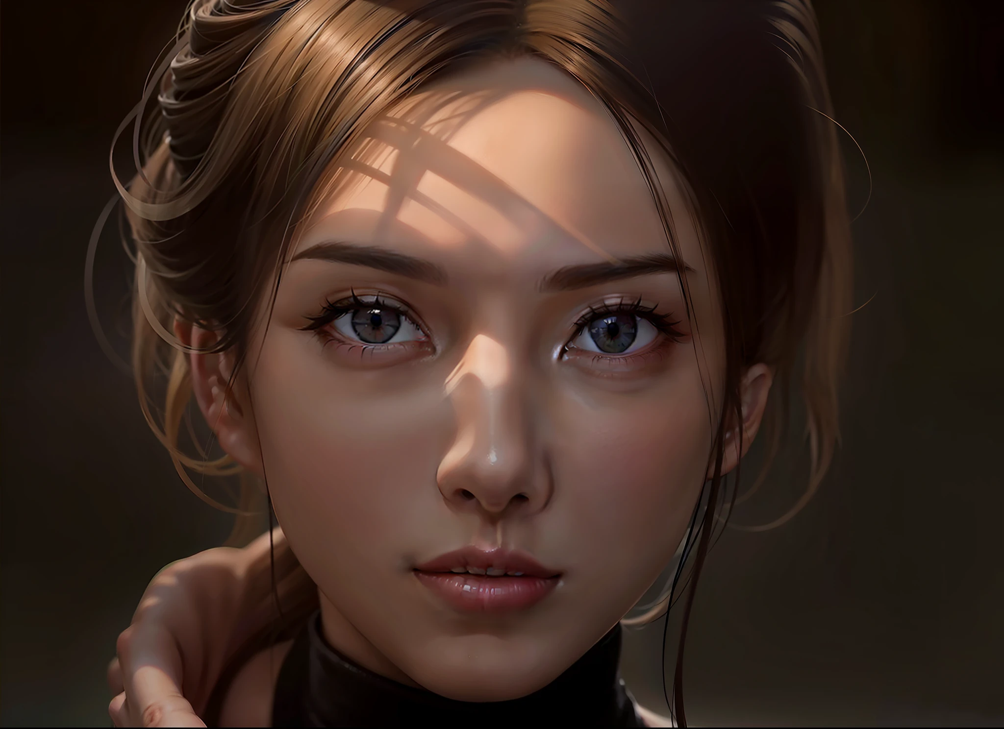 there is a woman with a black turtle neck and a black top, soft portrait shot 8 k, 8k portrait render, artwork in the style of guweiz, realistic digital art 4k, realistic digital art 4 k, realistic digital painting, closeup character portrait, photorealistic anime girl render, realistic. cheng yi, cinematic realistic portrait, 8 k realistic digital art