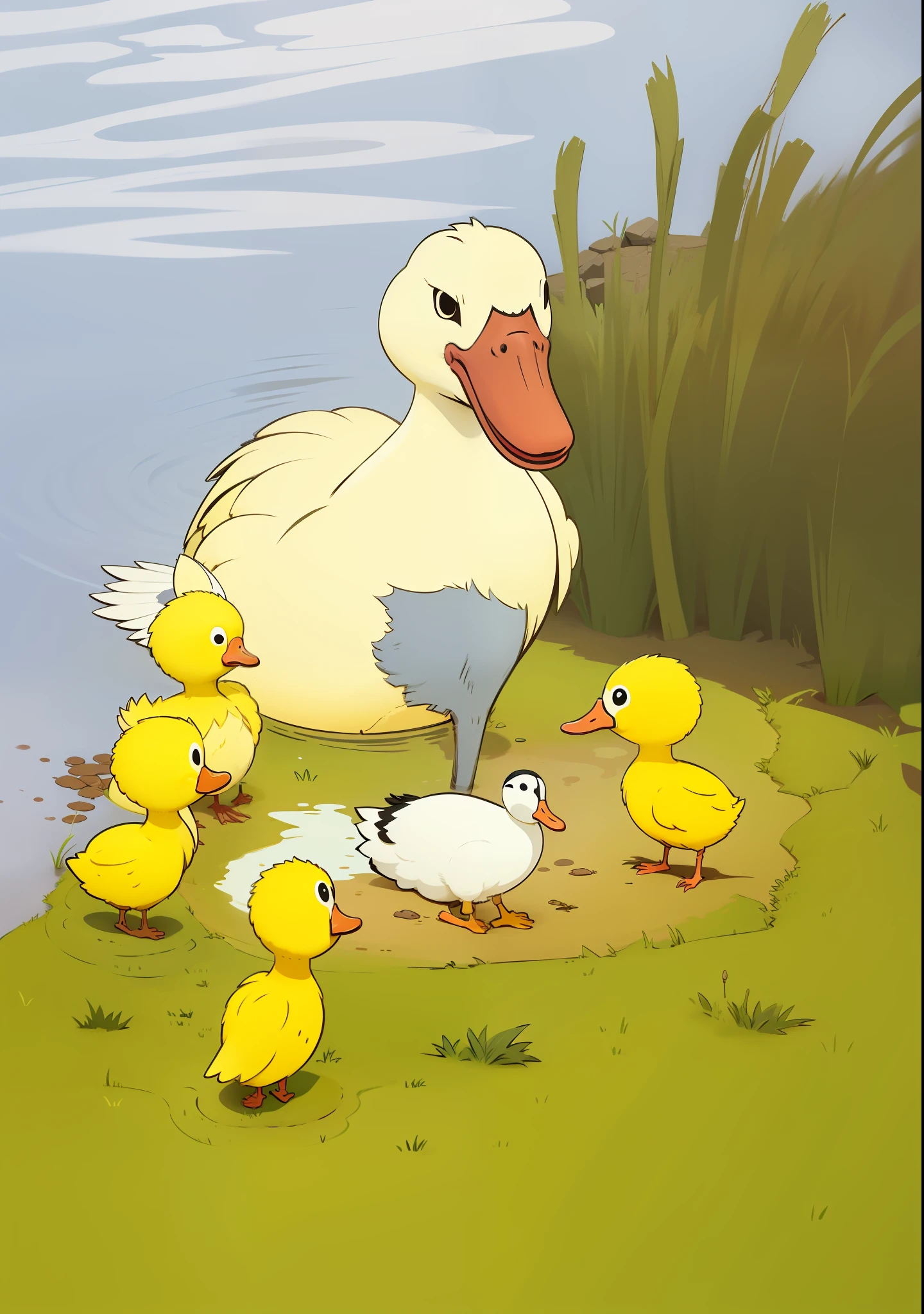 The ugly duckling was born, and Mom and the other ducklings were watching, and below was the duck nest, behind the pond, next to the reeds
