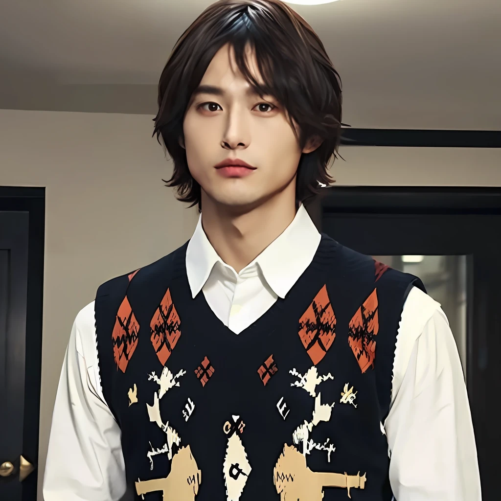 masterpiece, best quality, akechi gorou, winter indoor, 1boy, solo, argyle sweater vest, white collared shirt, long sleeves, male focus, 4k, 8k,