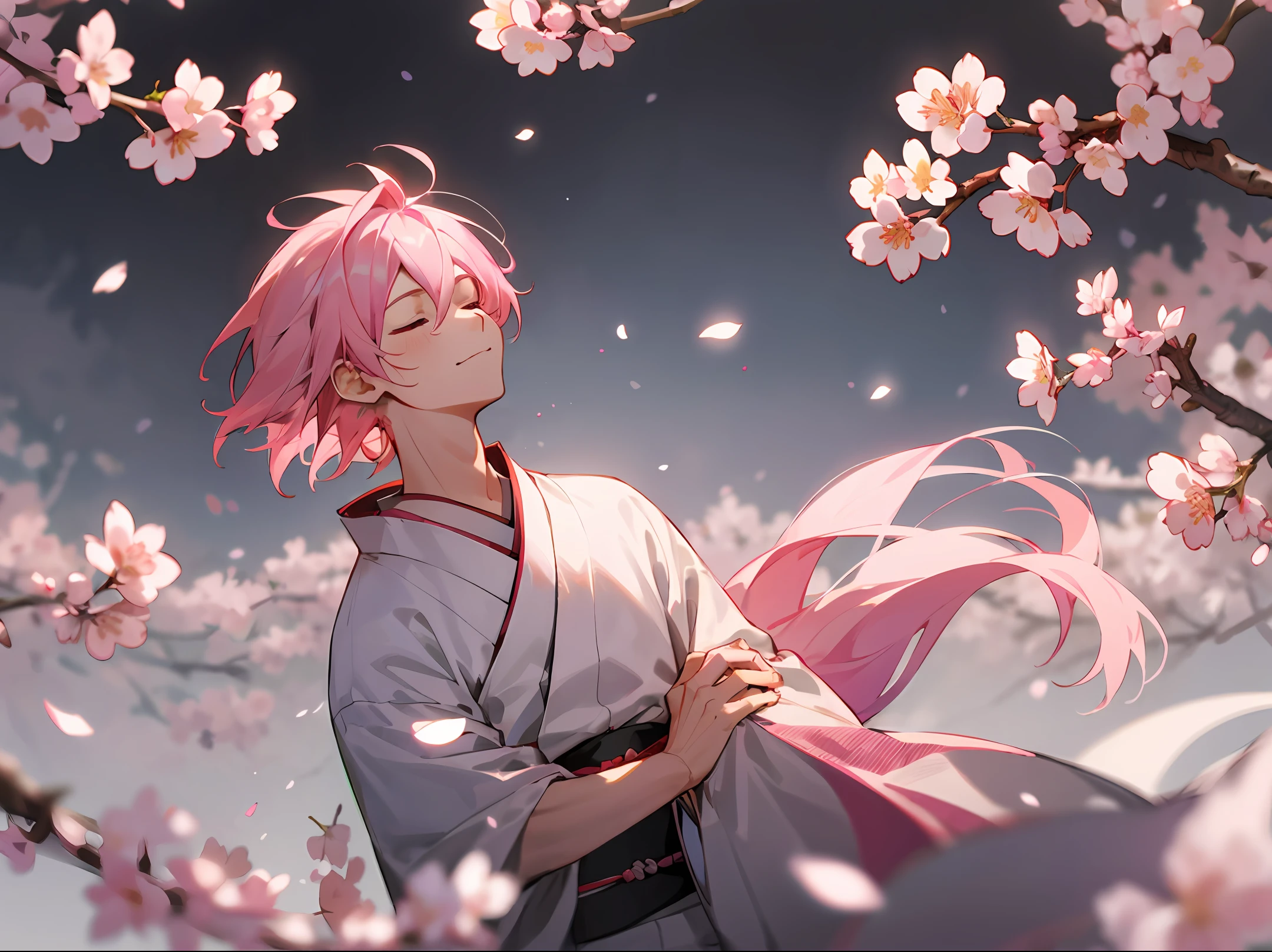 ung man, with pink hair, closed eyes, kimono, cherry blossoms,