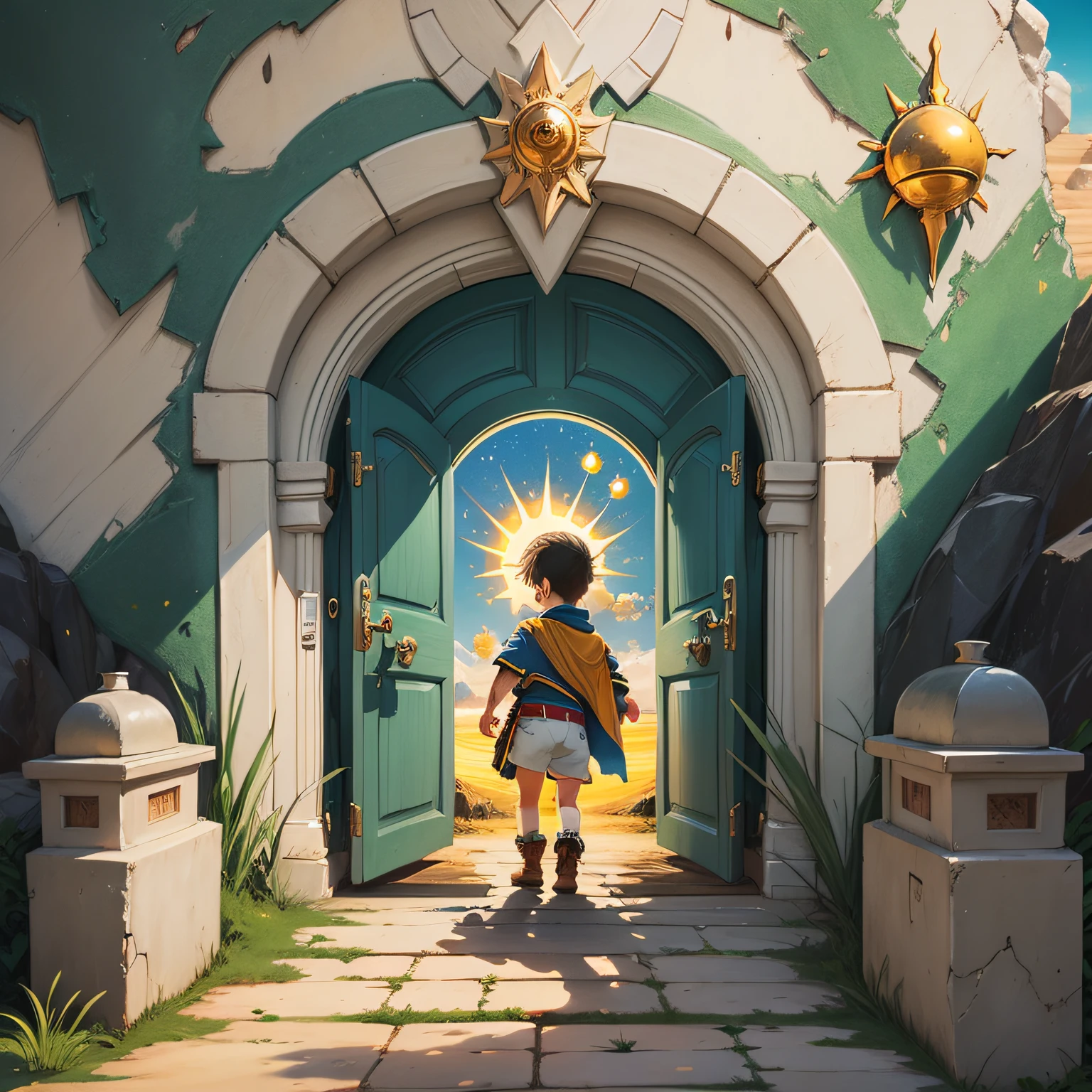 1 boy, cheerful, magic door, special way, secret land of the sun, how to leave, colorful, vivid, landscape of the land of the sun, character, fantasy