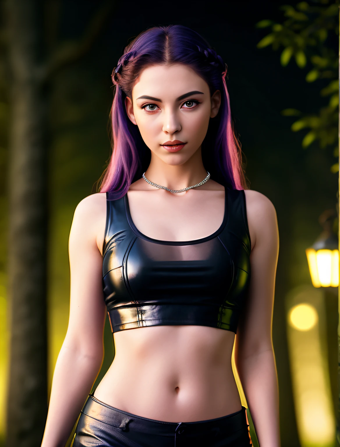 half body length high resolution award winning photograph of medusa the gorgon, black snakes for short hair, snake heads hissing, beautiful face, perfect face, well formed facial features, damp grey sliver skin tone, lilac eyes, clear transparent see through crop top, small breasts, perfectly formed breasts, leather loincloth, in a dark forest, night, moonlight, low light, elaborate jewels around the neck, erotic, cinematic look, short depth of field, low contrast, low light, muted colours, twilight, accurate face, high quality detail facial features, accurate hands, accurate feet, gothic, rgb, rave, led