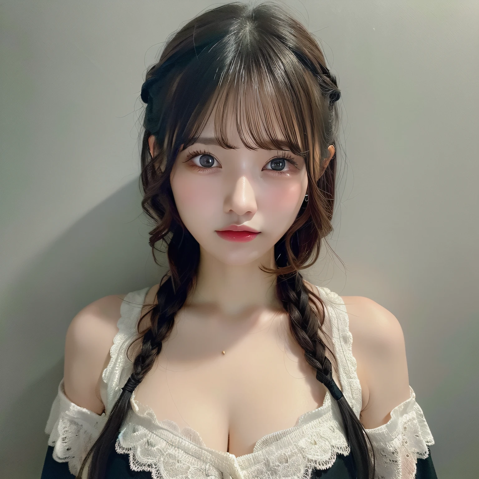 (((masterpiece,high quality))), {{ultra-detailed}}photorealistic cute woman,teary eyes,plump lips, black braided hair