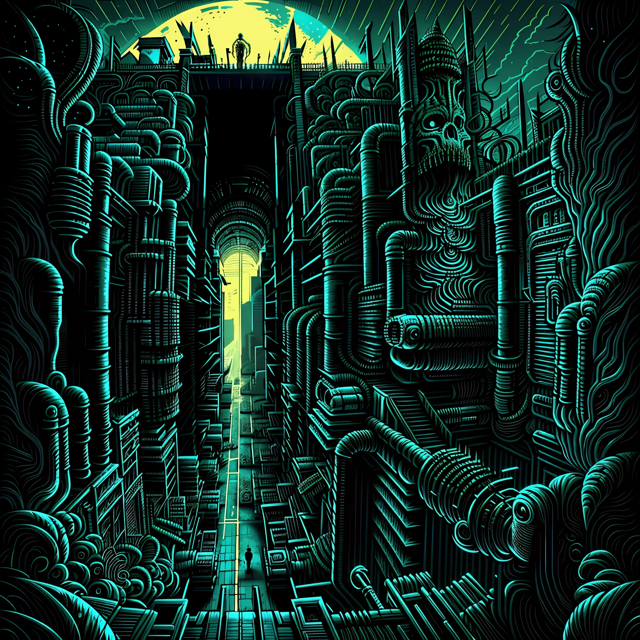 Panoramic angle, view from the top, biomechanical infernal place, horror art, access to negative dimension, spiked walls, madness, UHD, unreal engine, sketch color drawing, very detailed, masterpiece