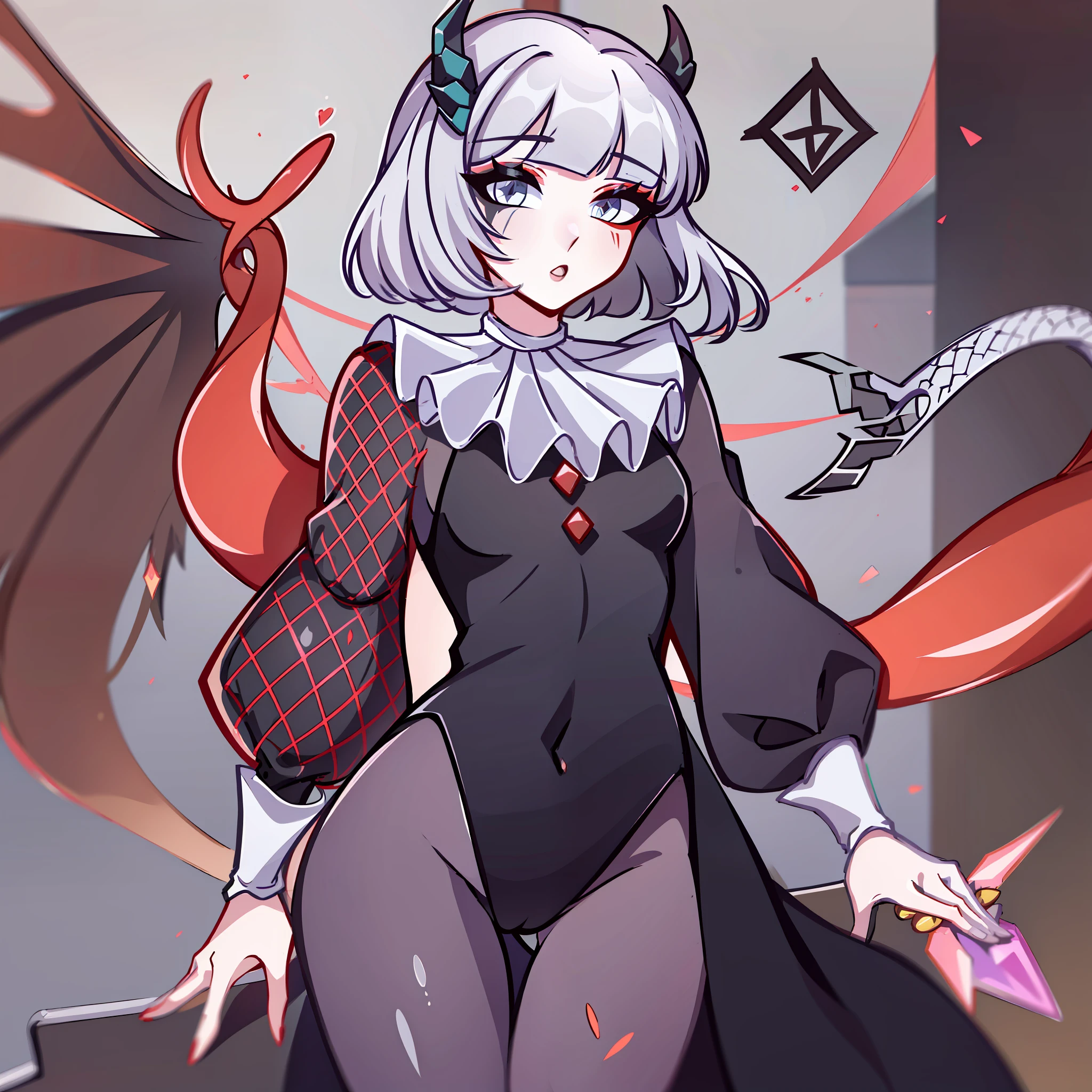 (Best quality: 1.0), (super high res: 1.0), extremely detailed character, detailed Hands, half-dragon girl, horns, scales on the neck, scales on the shoulders, scales on the forearm, scales on the cheek, woman with dragon's tail, extremely detailed hair, short hair, ((white hair)), ((black locks)), extremely detailed eyes, heterochromia, (heterochromia being the right eye white and the left being black),  dragon eyes, 2d, anime art, teen, ((full body)), standing, medieval, Rpg