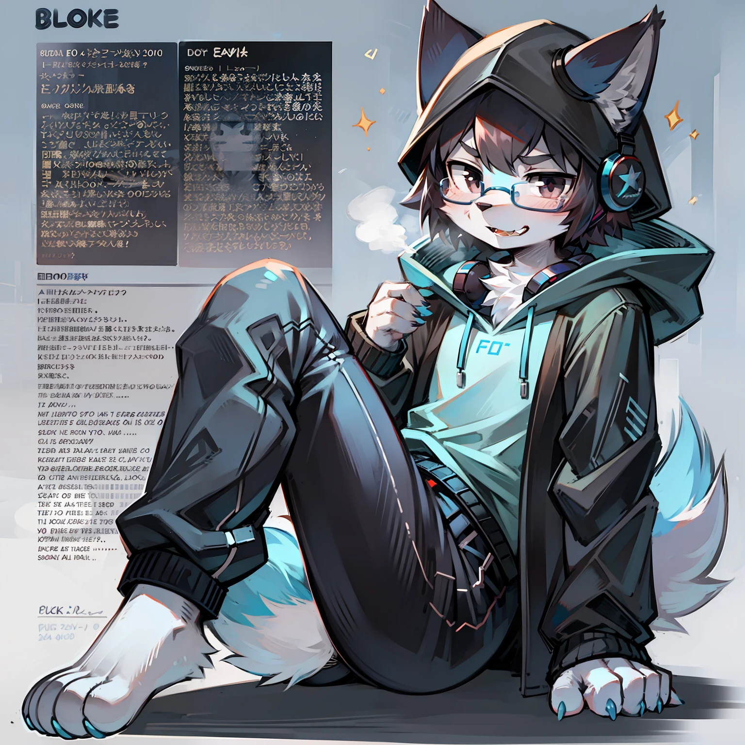 Furry, black eyes, solo, furry, furry male, minor, full body fur, fluffy fur, white paws, gray-blue fur, white fur, gray long dark blue sweatshirt, gray long black pants, black hair, black glasses, small canine teeth, fluffy blue tail, short hair, fangs, headphones, hood, boring, serious, black hair, sweeping bangs, high detail, reference sheet