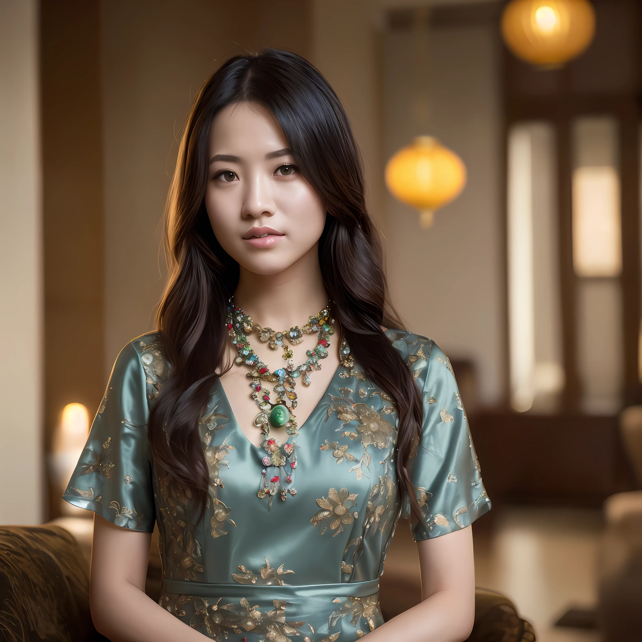 ,1girl, solo, chinese girl, realistic, photography, photorealistic, looking at viewer, blurry background, black hair, necklace, solo focus, long hair, china dress, indoor, living room, cinematic lighting, depth of field ,
