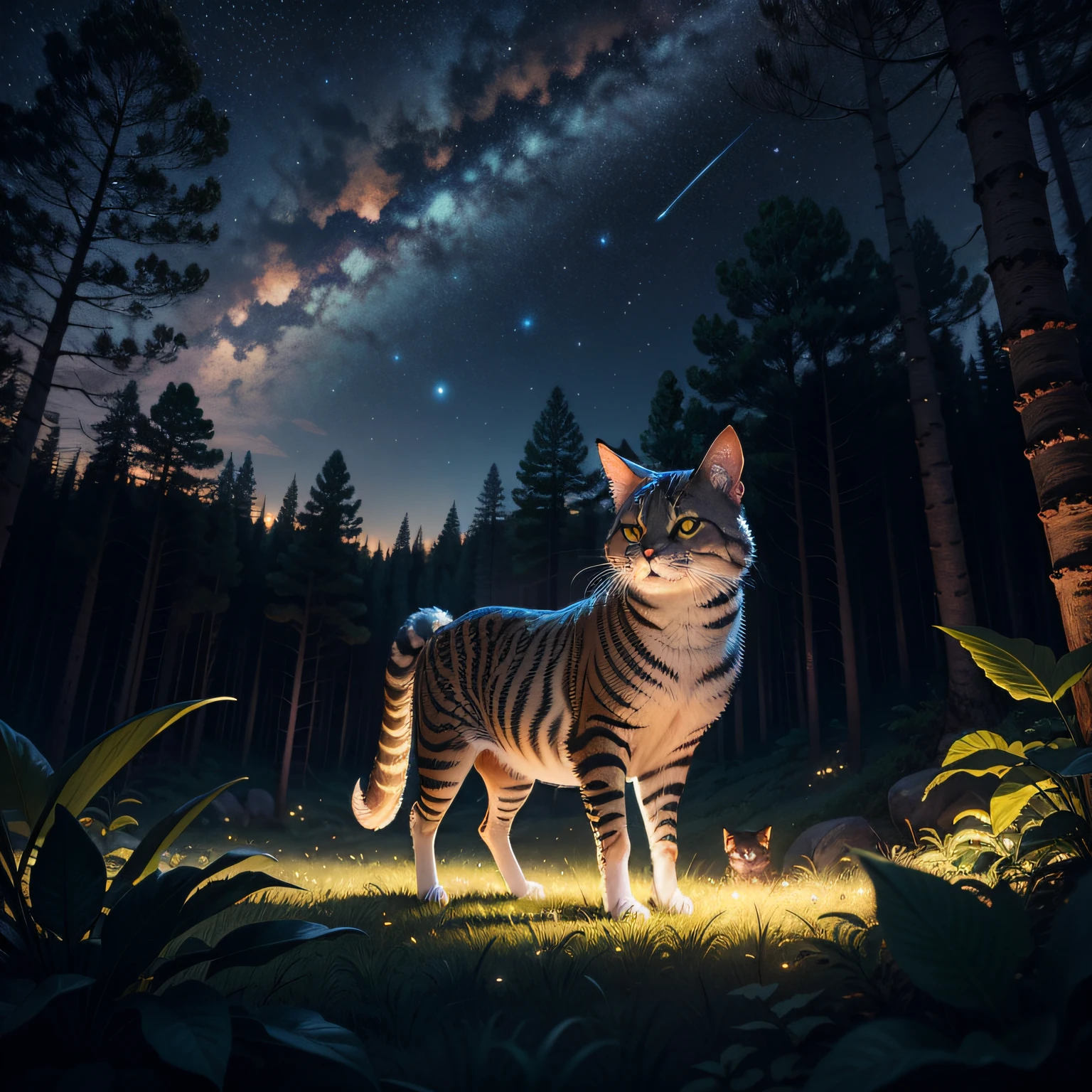 Many animals hidden among the vegetation of a forest with starry sky --auto