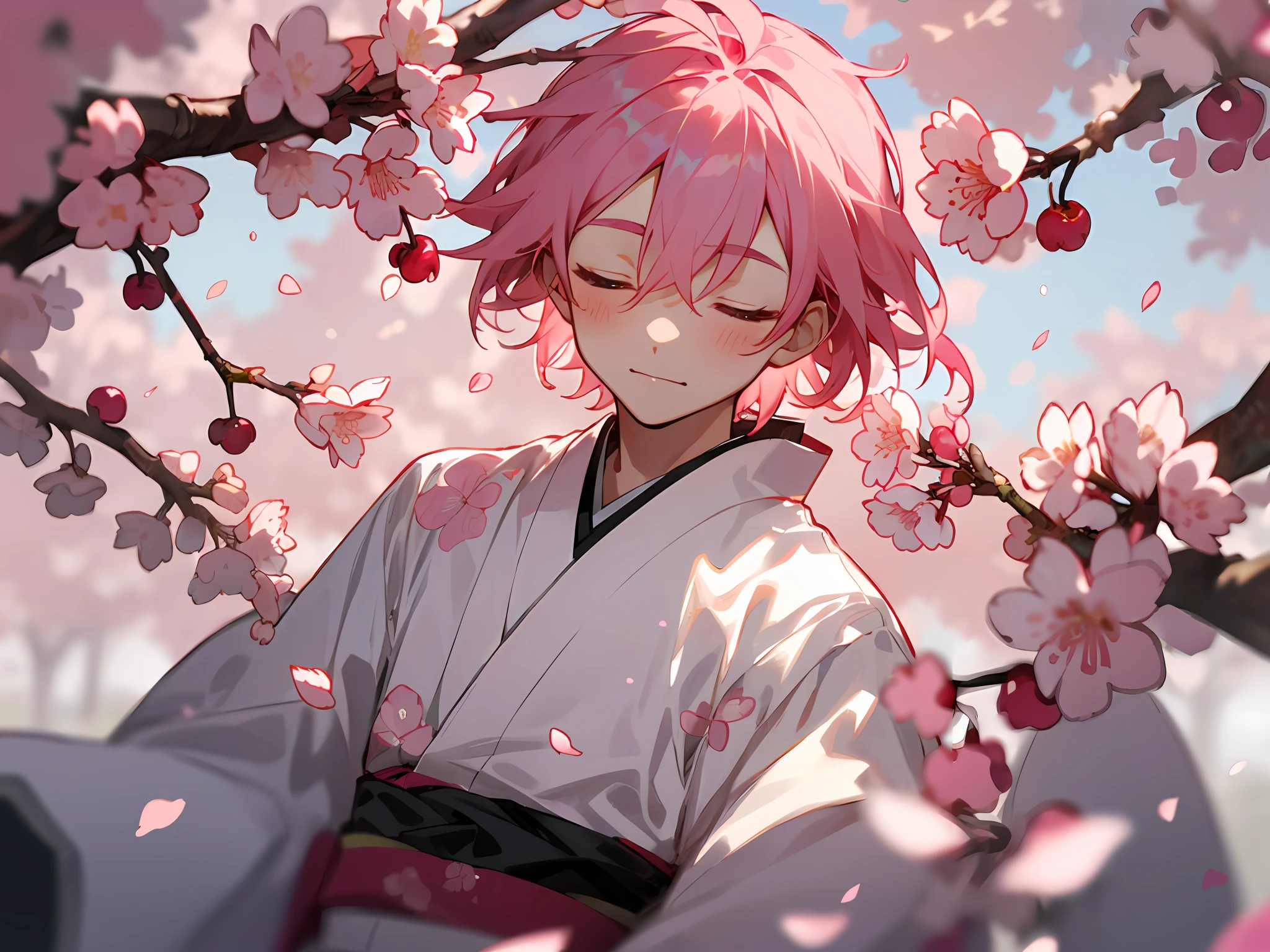 1 young man, pink hair, closed eyes, kimono, cherry blossom, hairstyle like cherry petals,