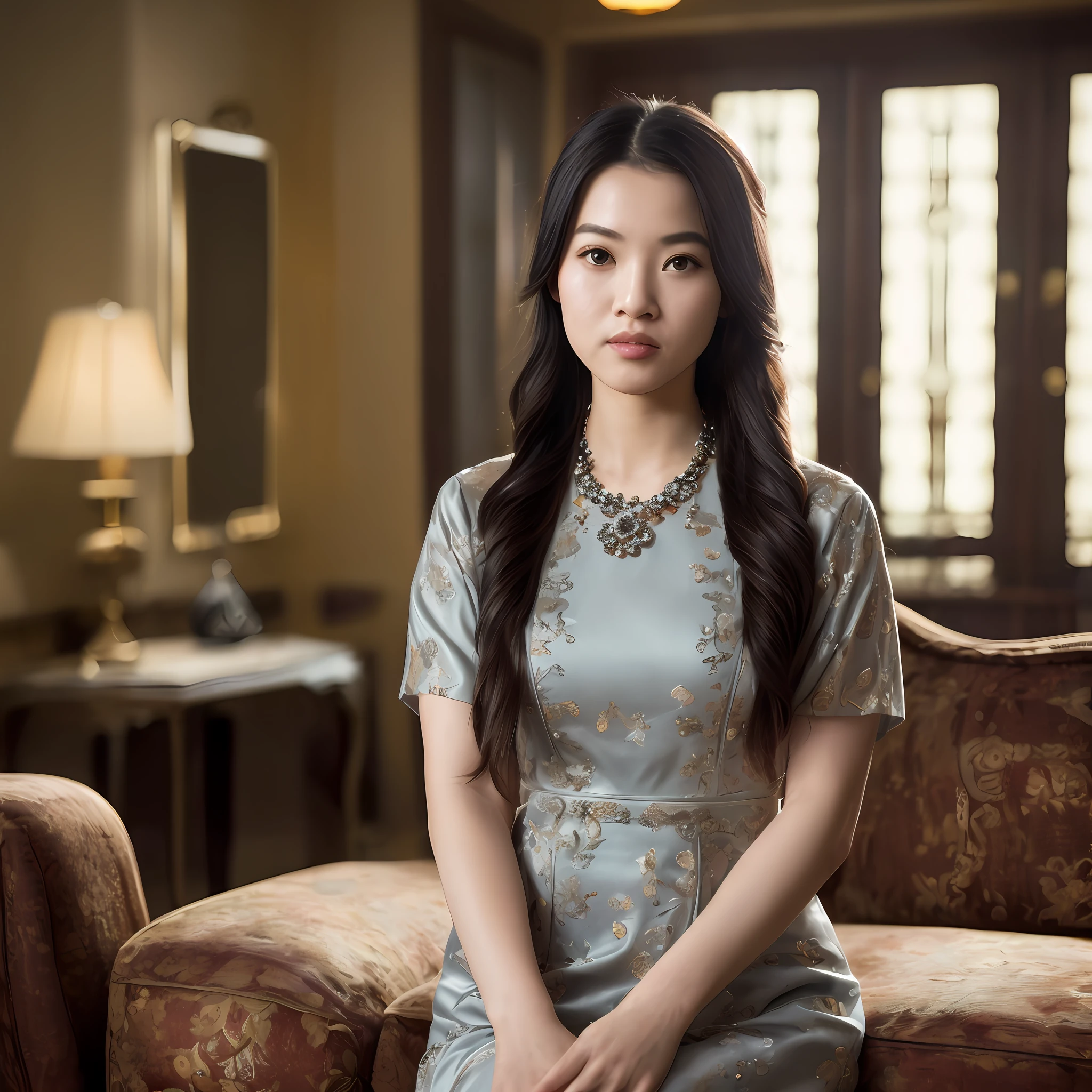 ,1girl, solo, chinese girl, realistic, photography, photorealistic, looking at viewer, blurry background, black hair, necklace, solo focus, long hair, china dress, indoor, living room, cinematic lighting, depth of field ，