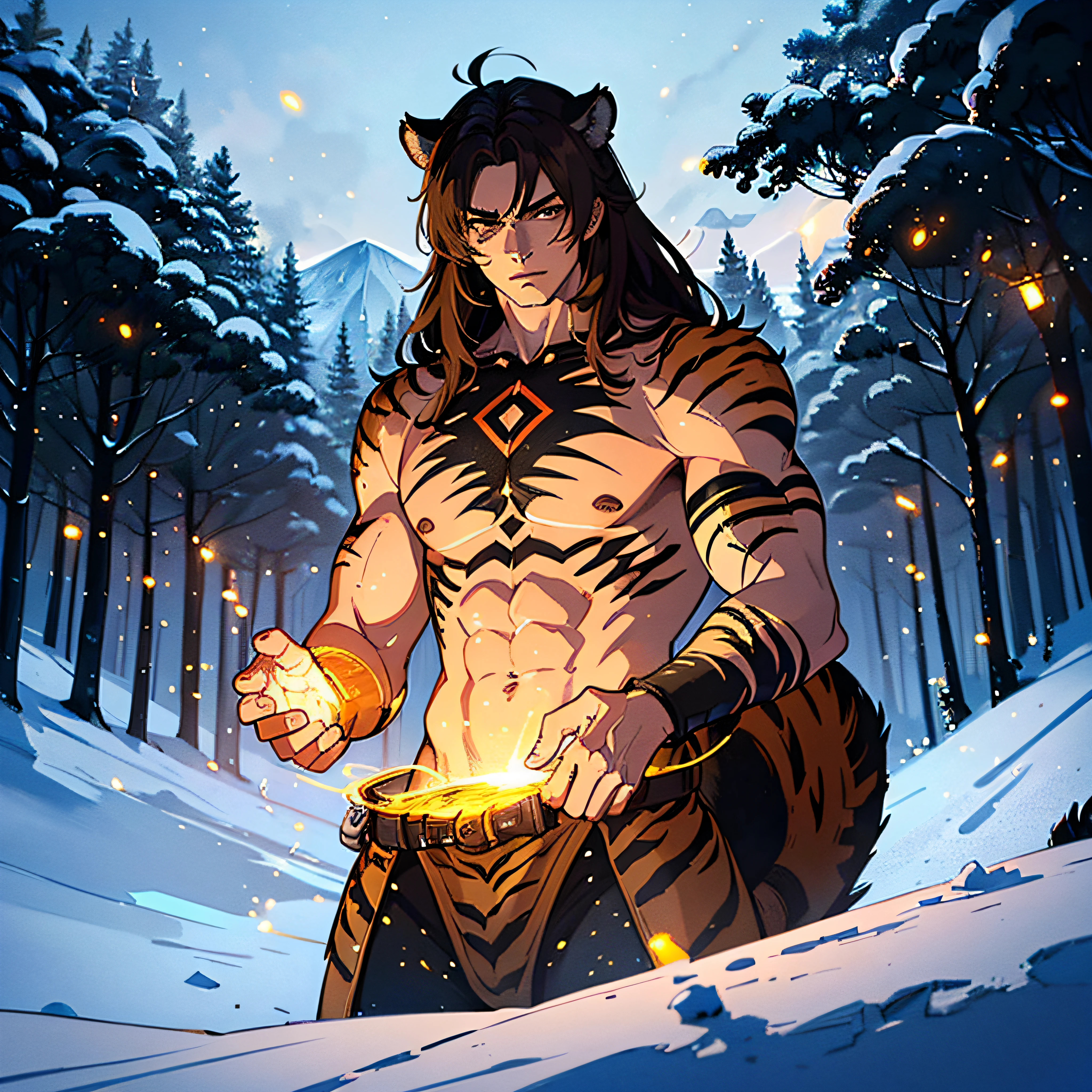 (Man, strong, brown hair, body scars, large, a vastaya with tiger features, in the middle of the snow), (masterpiece, best quality, ultra-detailed), (a background of magic and mystery, fireflies, bright particles, ethereal mist and a touch of darkness), (high saturation, cinematic light, edge lighting, better shadow) --auto