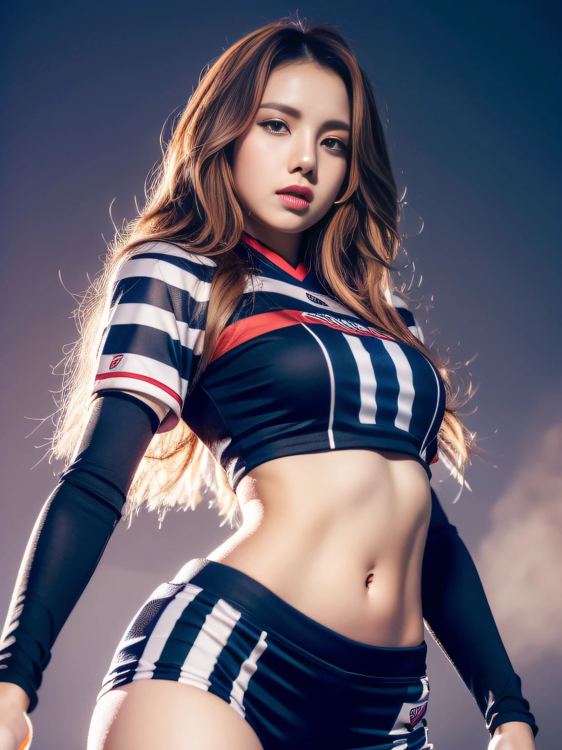 Masterpiece, superlative, realistic, Lisa wearing trendy football uniform, long hair, open waist, HD, photography lighting, 16k
