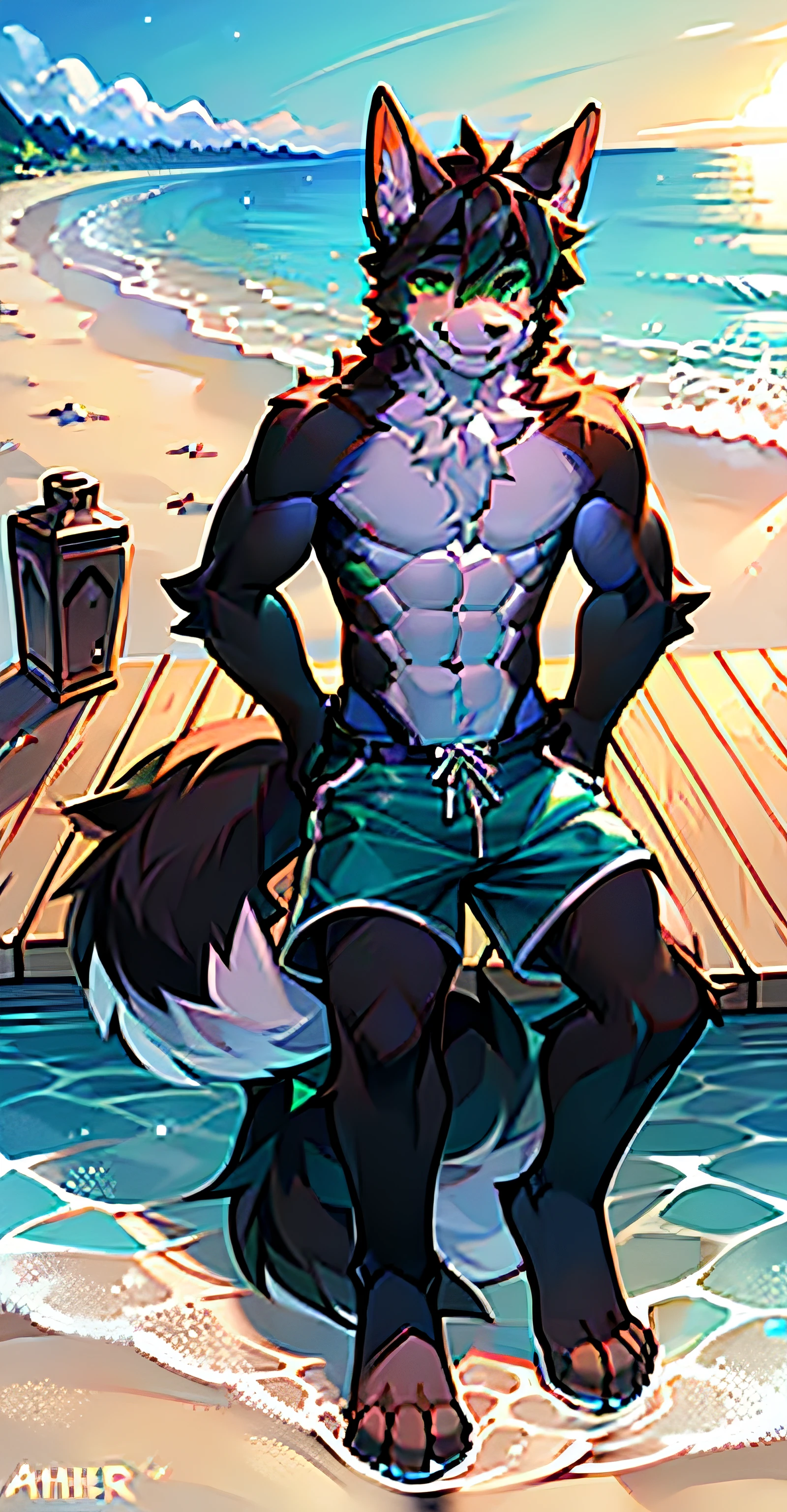 Bright eyes, panorama, character focus. (Detailed background: 0.7), Solo, Furry, Furry Male, Male Focus, Anthr, (Full body fur, Fluffy tail, Black fur, Dark green eyes, Black hair, abs, only blue swimming trunks: 1.2), (Long canine: 1.2), (Seaside: 1.0)