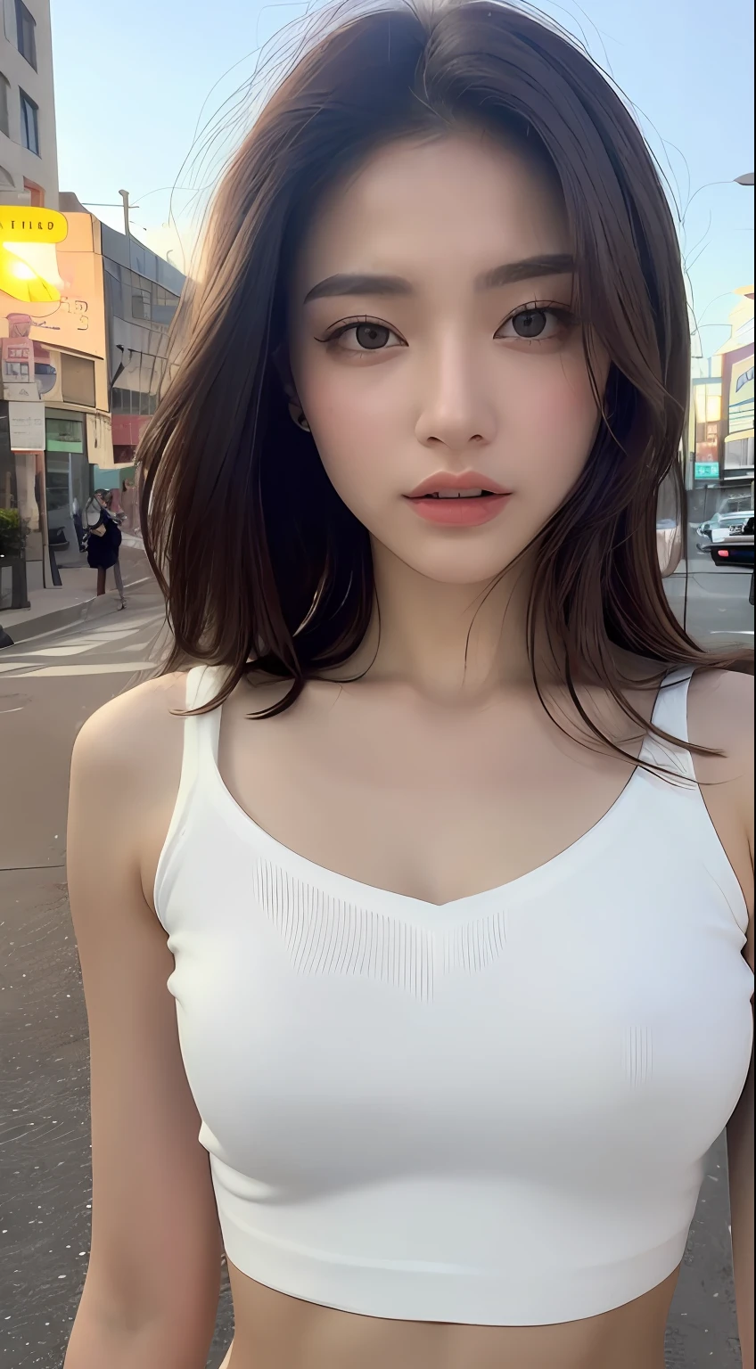 ((Realistic lighting, Best quality, 8K, Masterpiece: 1.3)), Clear focus: 1.2, 1girl, Perfect Figure: 1.4, Slim Abs: 1.1, ((Dark brown hair)), (White crop top: 1.4), (Outdoor, Night: 1.1), City streets, Super fine face, Fine eyes, Double eyelids,