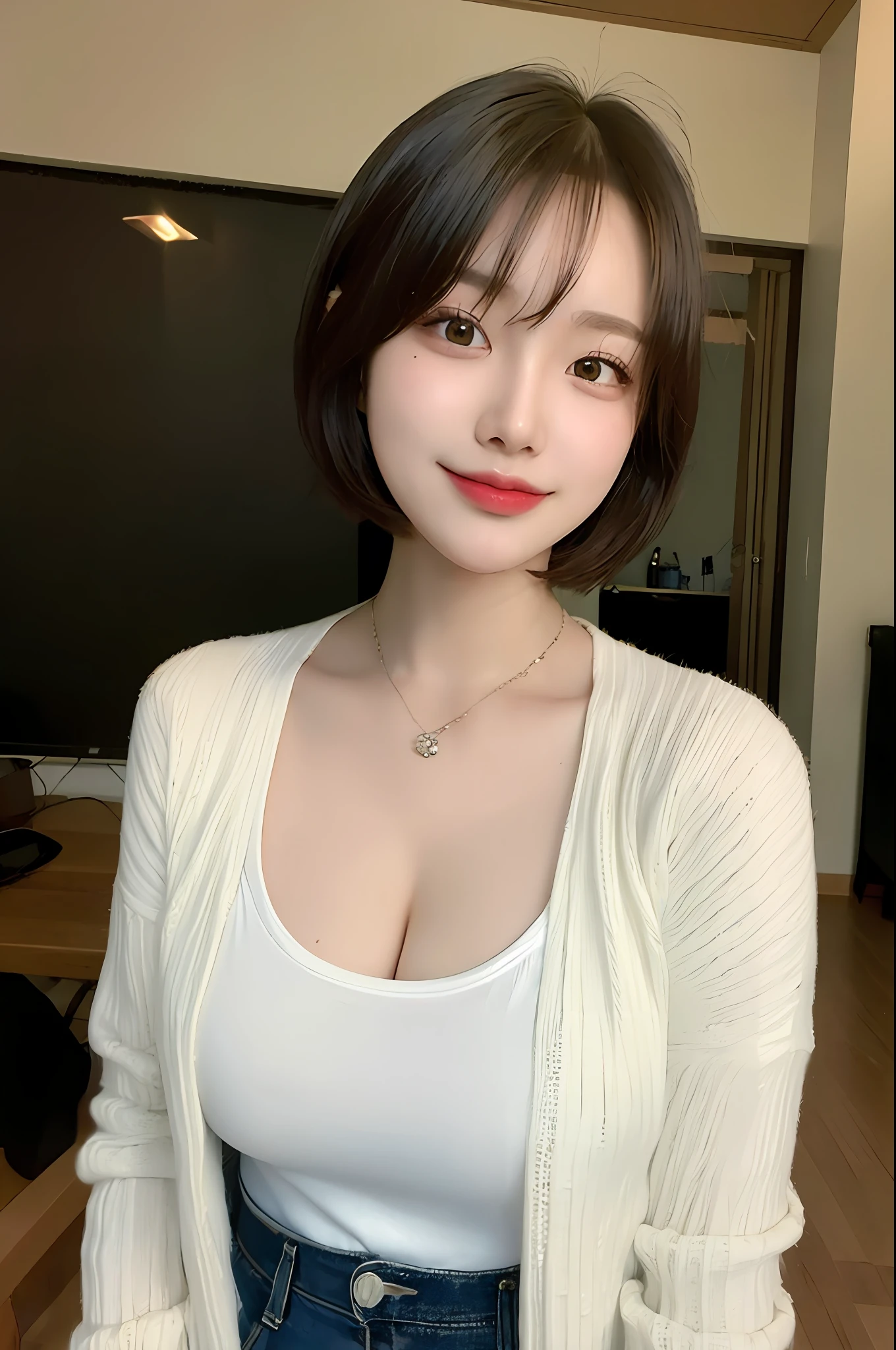 ((Top Quality, 8K, Masterpiece:1.3)), Detailed Woman:1.3, (Medium Shorthair, Big Breasts:1.2), Cardigan:1.1, Ultra Detailed, Detailed, Eyelids