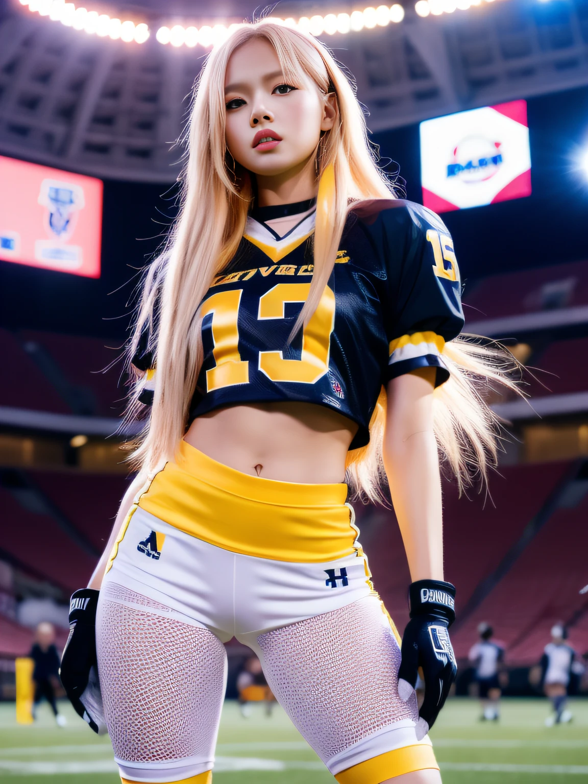 Masterpiece, superlative, realistic, Jennie wearing a trendy football uniform, long yellow hair, open waist, HD, photography lighting, 16k