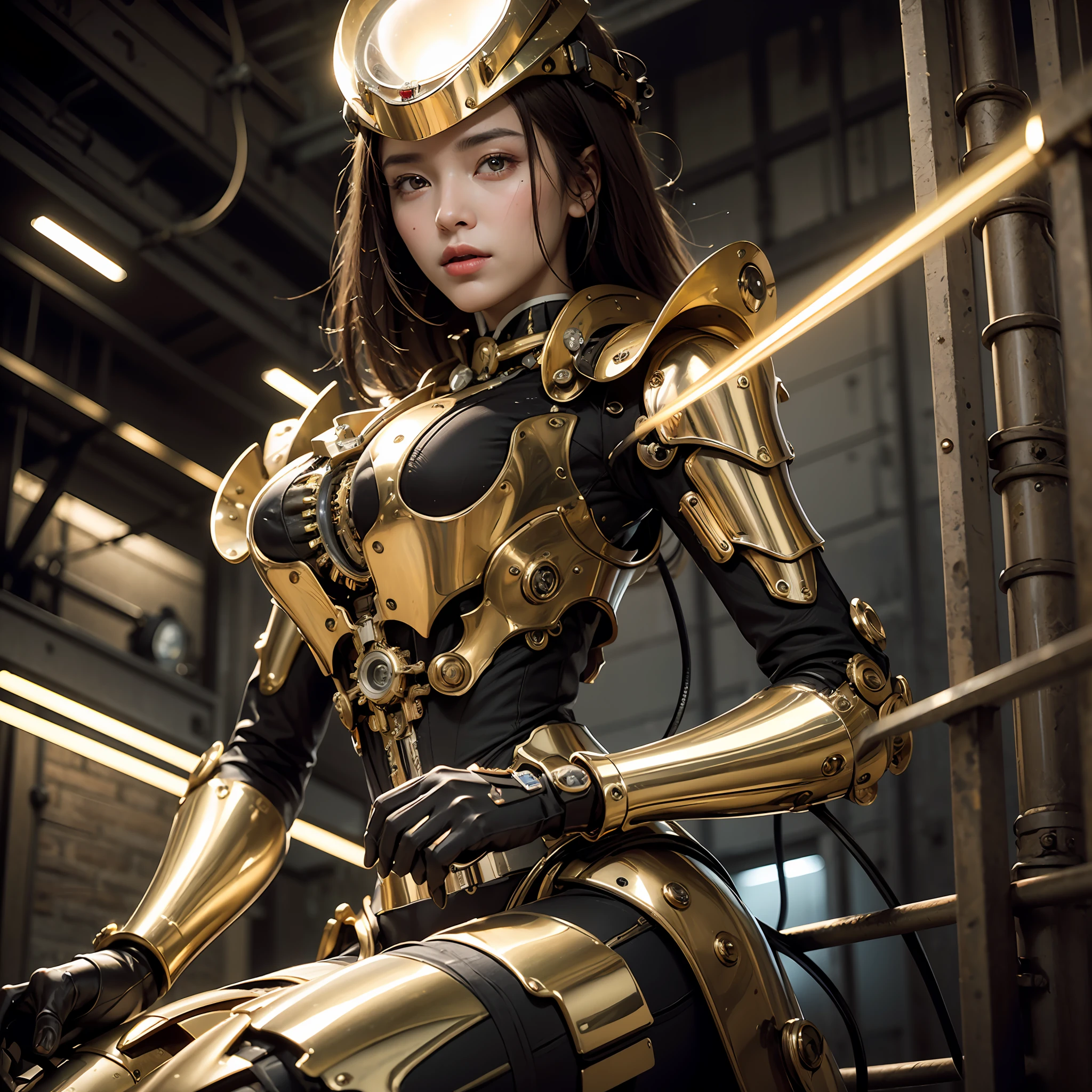 High degree of craftsmanship and quality assurance, masterpieces in the hands of top masters, extremely detailed and clear image resolution, rendered with camera-like realism, inspired by real photographs ( a mechanical girl), highly realistic details, as commemorative images, panoramic lighting effects, fine and accurate shadow representation, using advanced octane rendering technology, up to 8K resolution, extremely sharp and clear lines and details, spectacular and grand narrative, showing vivid skin details, performance of metallic materials, Fine and intricate decorative details, Steampunk style details, Depiction of details such as vacuum tubes, liquid tubes, oil pressure gauges, glass tubes, analog instruments, etc., Highlighting the details and movements of gears, Performance of gold hydraulic cylinders, Highly complex and detailed depiction, Realistic lighting effects, Following current trends in CG technology, Eyes glowing, Facing the gaze of the audience, Detailed depiction of neon details, Depiction of mechanized body parts, Depiction of blood vessels connected to catheters, Depiction of mechanized spine attached to the back, depicting a mechanical attachment attached to the neck, Presenting a sitting position, depicting wires and cables connected to the head,