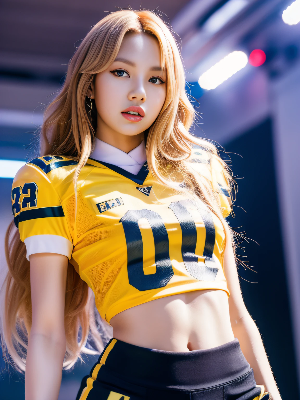 Masterpiece, superlative, realistic, Jennie wearing a trendy football uniform, long yellow hair, open waist, HD, photography lighting, 16k