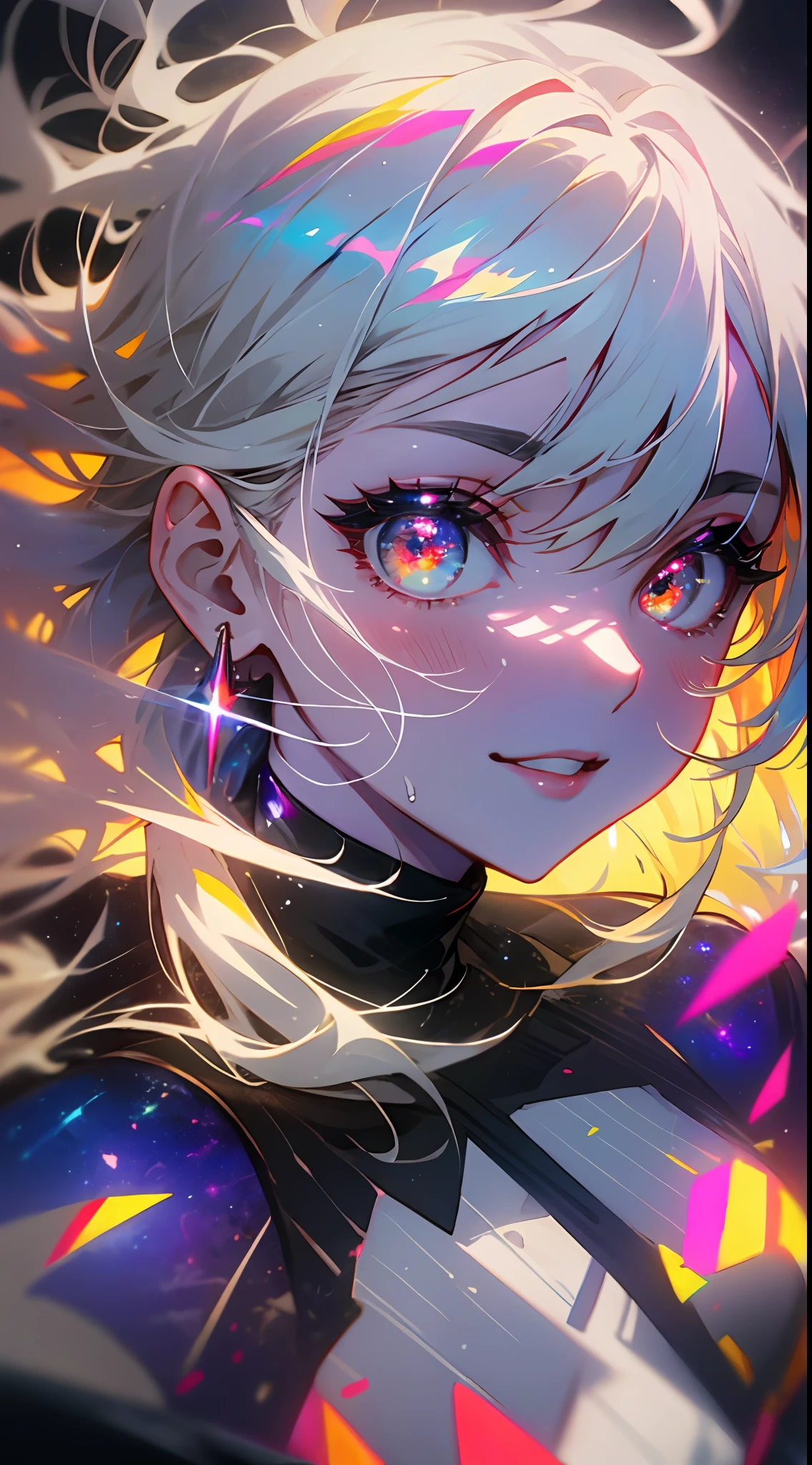 (simple hands:0.5)+(detailed hands:0.7), (masterwork), (best quality), white hair, red eyes,1girl, pale skin, white hair, red eyes, two tone hair, eyelashes, bracelet, jewelry, smile, gleaming skin, shiny hair, detailed and majestic stage, Fantasy, Long Hair, 1 girl, two-tone hair, night sky, Incredibly detailed CG illustration masterpiece, looking at you, anime, beautiful anime eyes, beautiful detailed eyes, eyes, glittering eyes, red eyes, galaxy, nebula, (full body), (curvy), POV, wet neckline, (thick thighs), 4k hd, ultra realistic, perfect body, perfect lips, perfect nose, perfect eyes, looking at the viewer, Neon, Neon Lights, Bright Colors, Toga, Angelic, Halo, Punk Rock