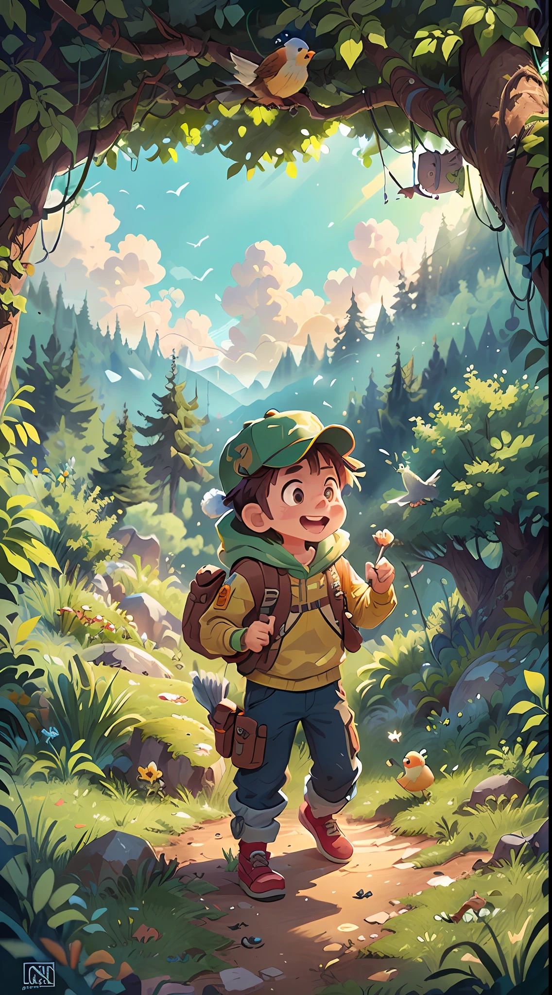 Open forest, (masterpiece art drawing, 1 adventurous boy, happy excitement, fearless(detailed enhanced animation), hat, adventure clothing. Animal (detailed masterpiece), forest, birds (realistic), sunlight, clouds, open field.