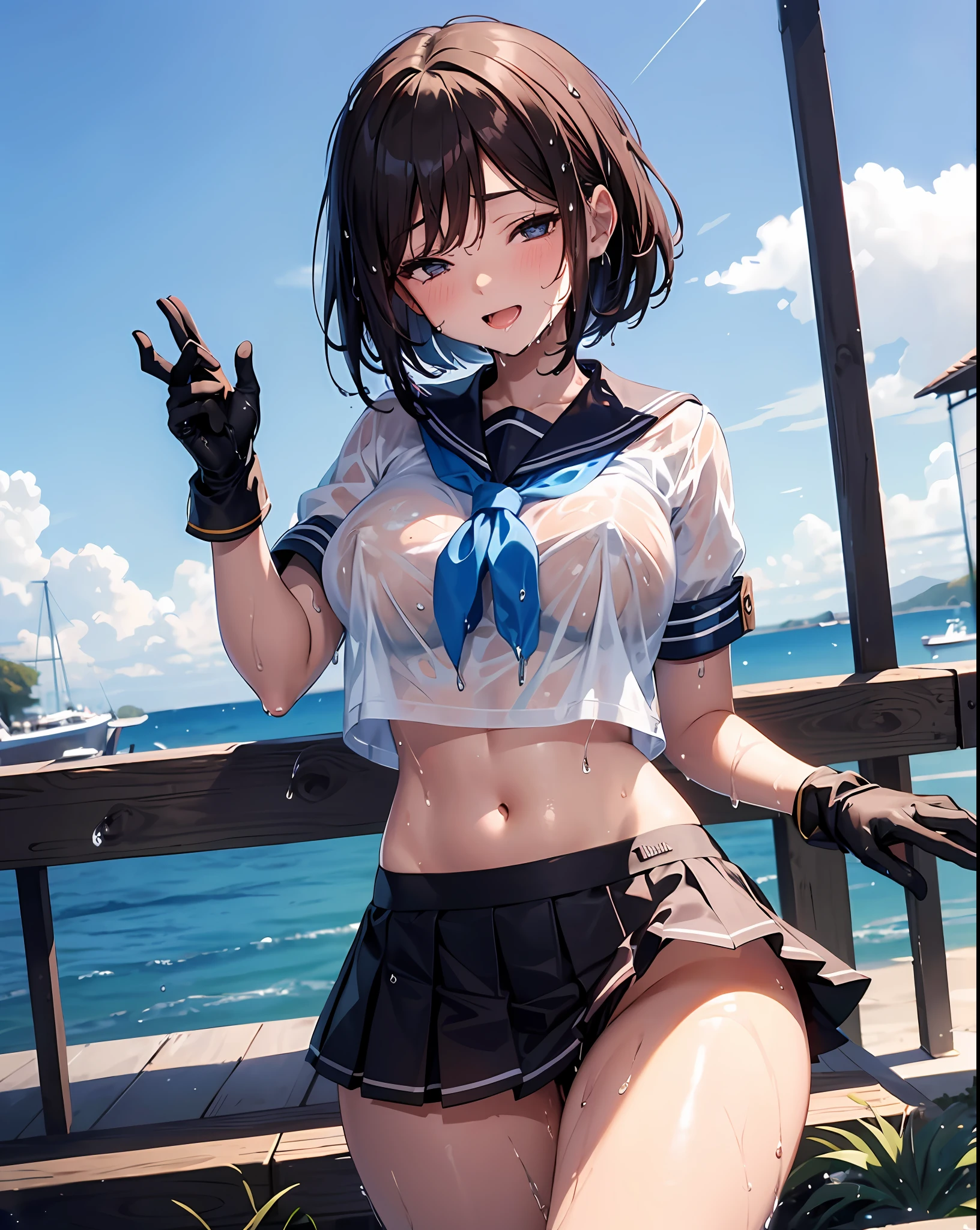 1young_teen_The girls、Loli、brown_hair、medium_bob_hair、blue_midriff_baring_sailor_uniform、mini_skirt、short_sleeve、thickthighs、big_tits,closed_eyes, Sorrisos、open_mouth、dynamic_pose_standing ,dock_background、spread_legs、happiness、NSFW、short_gloves, (wet:1.4),transparent,covered_nipples, covered_crotch, under_tits, sweat, bare_thighs, (groin:1.5), tan_skin,