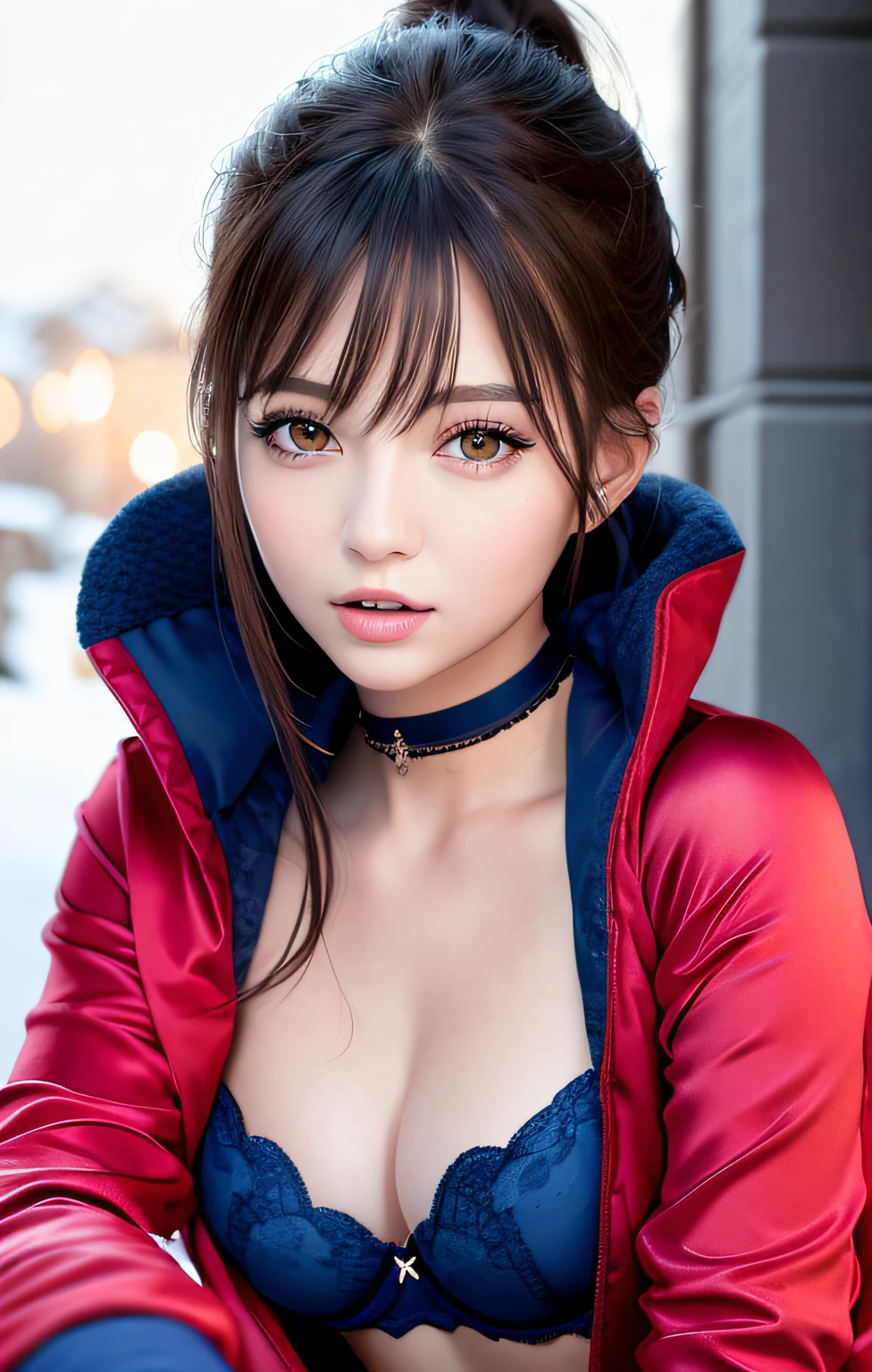 (Best quality details:1.2),realistic,8K UHD,High definition,(1girl:1.2),Ultra Detailed,High quality texture,intricate details,detailed texture,finely detailed,high detail,extremely detailed cg,High quality shadow,Detailed beautiful delicate face,Detailed beautiful delicate eyes,Depth of field,Ray tracing,20's,Pretty Kpop girl,(korean ulzzang face:1.1),slender face,(ulzzang-6500-v1.1:0.6),PureErosFace_V1,Glow Eyes,blush,glossy lips,perfect body, (choker,cleavage, ((quilted navy blue puffer coat, red silk bra))), (black hair, ponytail:1.1), winter_street, snow_particle, christmas,1boy,, squatting cowgirl position, hands on viewer's body, vaginal, pov,
looking at viewer, pubic hair line visible