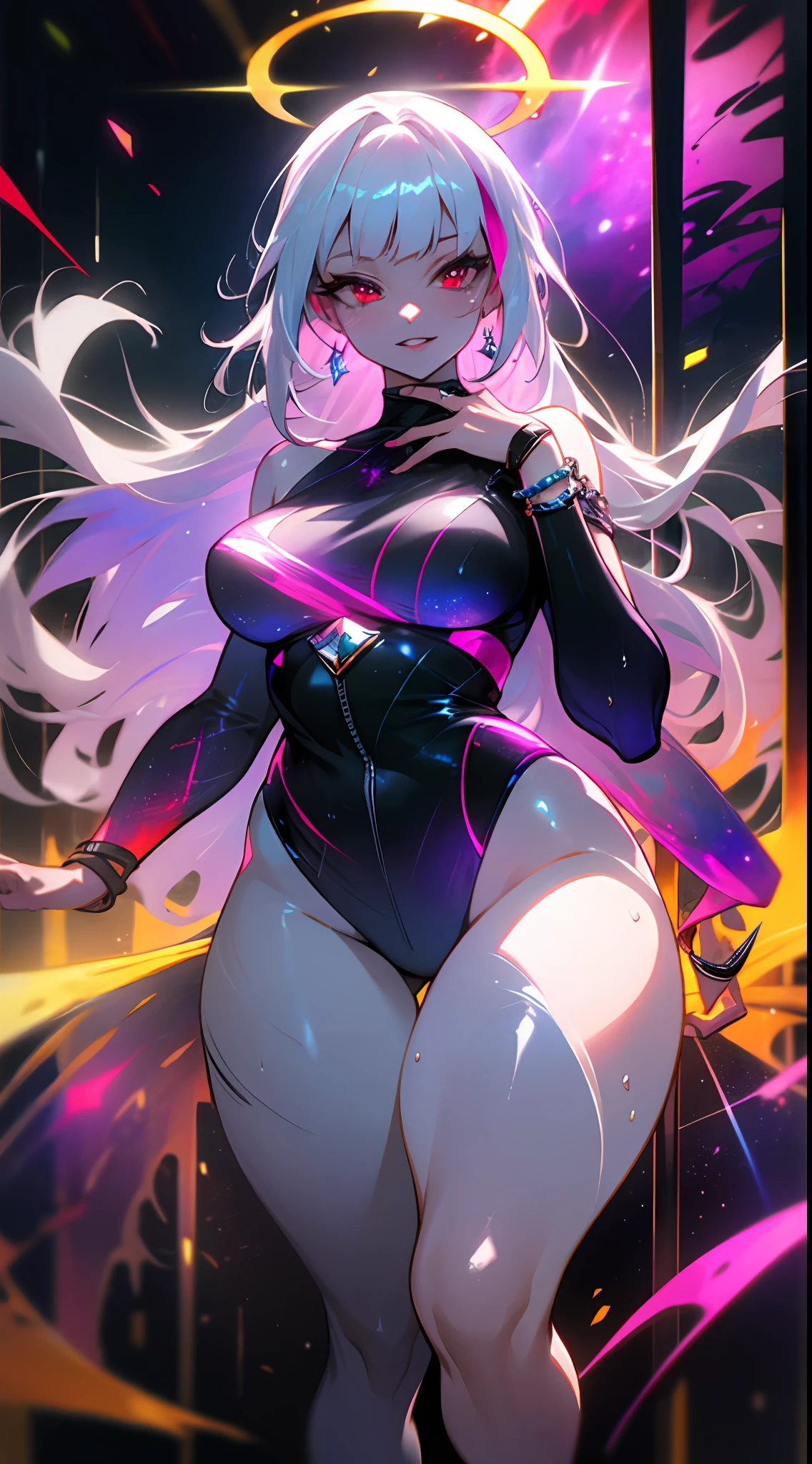 (simple hands:0.5)+(detailed hands:0.7), (masterwork), (best quality), white hair, red eyes,1girl, pale skin, white hair, red eyes, two tone hair, eyelashes, bracelet, jewelry, smile, gleaming skin, shiny hair, detailed and majestic stage, Fantasy, Long Hair, 1 girl, two-tone hair, night sky, Incredibly detailed CG illustration masterpiece, looking at you, anime, beautiful anime eyes, beautiful detailed eyes, eyes, glittering eyes, red eyes, galaxy, nebula, (full body), (curvy), POV, wet neckline, (thick thighs), 4k hd, ultra realistic, perfect body, perfect lips, perfect nose, perfect eyes, looking at the viewer, Neon, Neon Lights, Bright Colors, Toga, Angelic, Halo, Punk Rock
