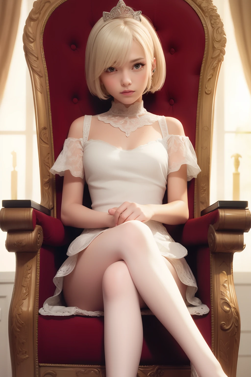 Platinum blonde, cute, ponytail., sitting in a round chair,