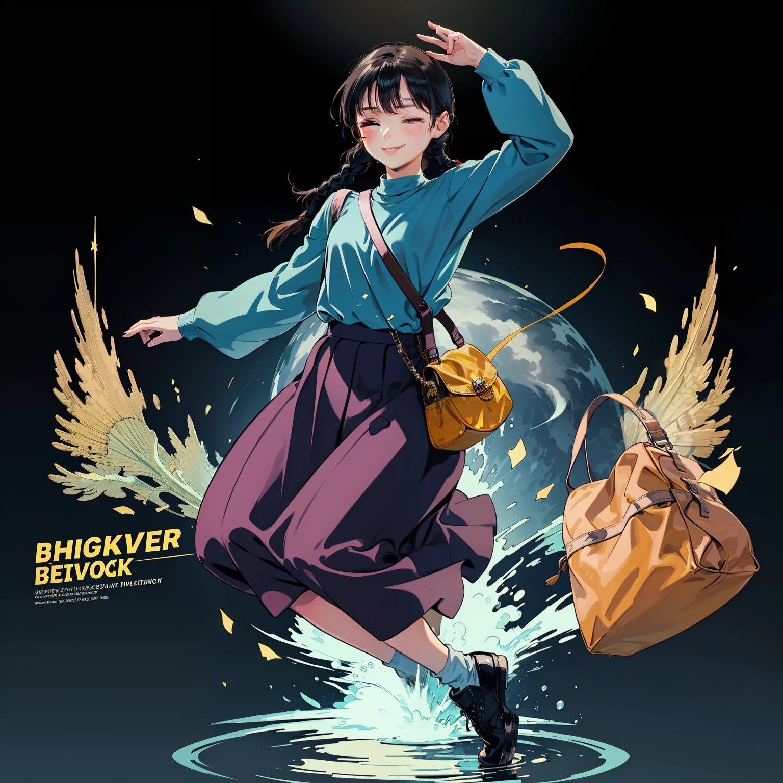 80SStyle,1girl,solo,oneeyeclosed,braid,blackhair,blackfootwear,bangs,longsleeves,bag,smile,skirt,longhair,aquaeyes,shoulderbag,lookingatviewer,shirt,fullbody,twinbraids,blackbag,aquahair,blackbackground,englishtext,braidedponytail