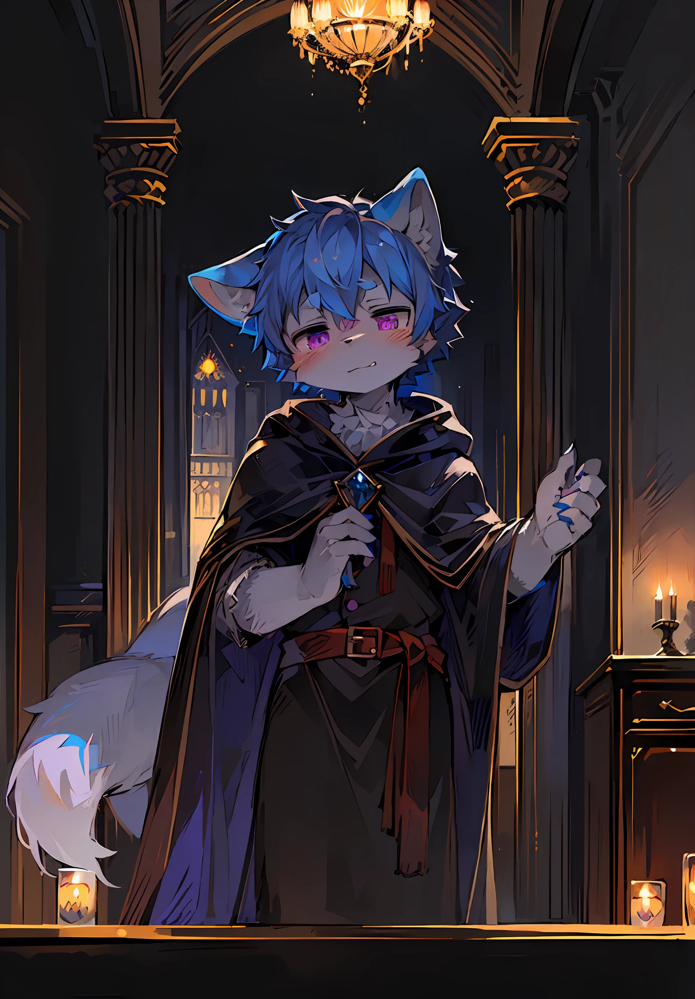 Dagassi's masterpiece – a high-quality digitally painted artwork that shows the focus of characters in a dark environment. This is a portrait of a furry human male cat with bright eyes and fluffy fur. Background details show a bright panorama that creates a unique atmosphere. This close-up of the character highlights his blue-white fur, purple eyes, and blue hair. He was dressed as a maid and sat on a cubicle bed in the room. He looked a little shy, blushed, and took off some of his clothes.