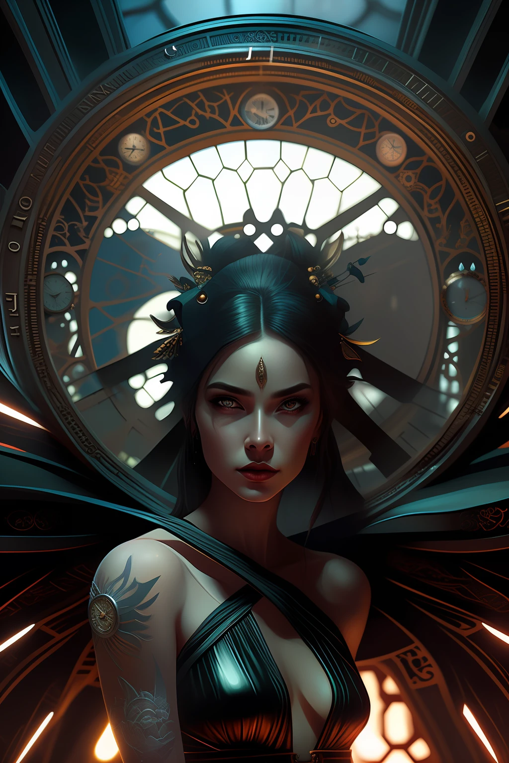 arafed woman in a black dress with a large clock in the background, fantasy art behance, symmetrical epic fantasy art, stunning digital illustration, 4k highly detailed digital art, cgsociety contest winner, detailed fantasy digital art, artgerm julie bell beeple, unreal engine render + a goddess, 4k detailed digital art, elegant cinematic fantasy art