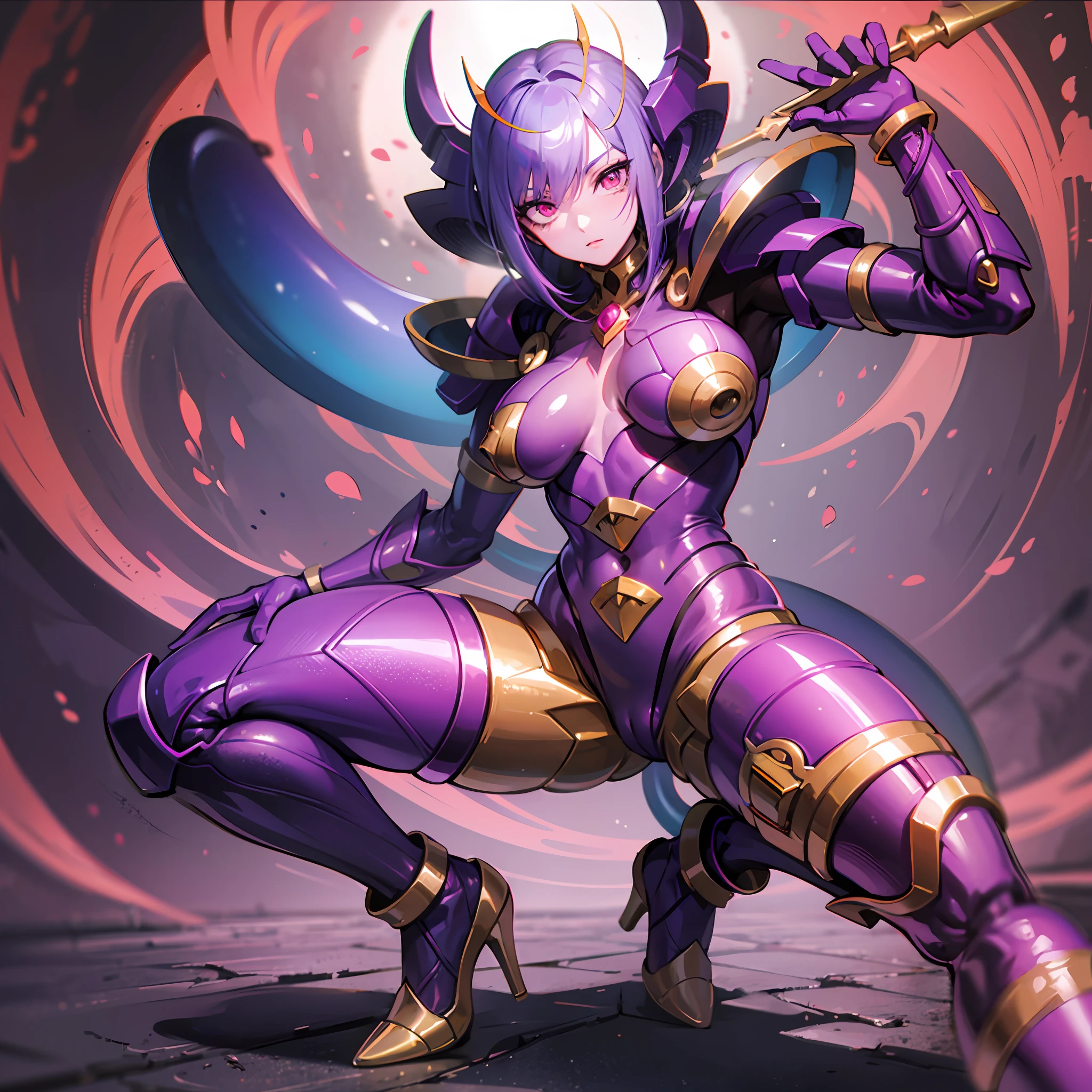 Cartoon photo of a woman in a purple and orange costume, hot insect humanoid woman, Guyver style, SFW version, pink eyes, scarabele ploid, bellows tail, cel shade adult animation, alien queen, serpentine pose,