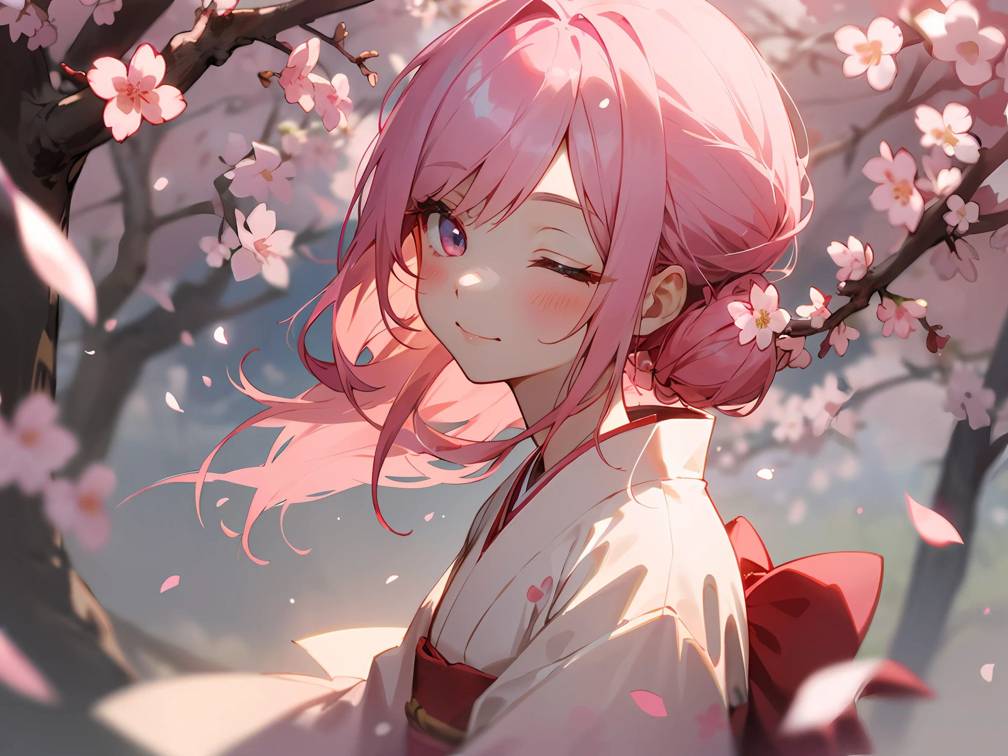 1 young woman, pink hair, eyes closed, kimono, cherry blossom, hairstyle like cherry petals,