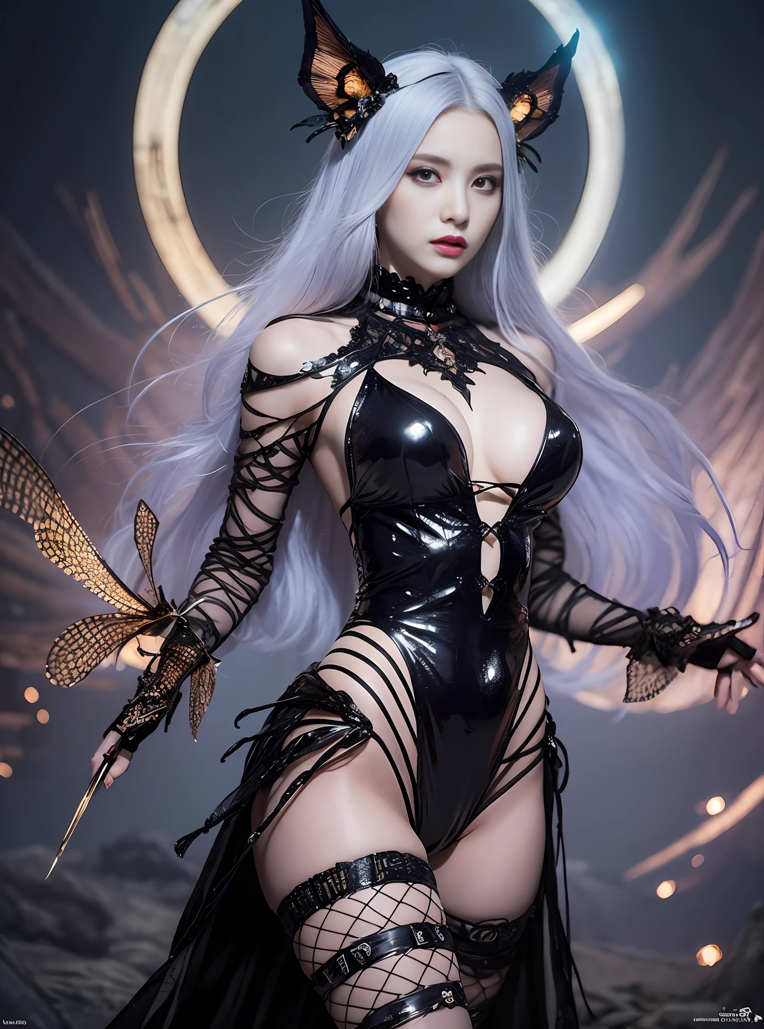 (highest quality, high resolution, masterpiece: 1.3), produces works of women that combine a dark and mad world with a focus on black with intense fantasy elements in high quality. She has a creepy and attractive figure, and the black fashion style that wraps around her whole body highlights her personality. Her breasts are very large and she has eight arms. The background is a fantastic fantasy world, where at night, eerie magical lights dance, strange creatures and magical plants are present. Her figure is mysterious, with a brilliant blend of dark vibes and fantasy essence. The effects of light and shadow are skillfully presented, and the details of the black costume and her face and expression are meticulously drawn. The fantasy element intensifies even more, and a magical light envelops her. The overall atmosphere is mysterious and enchanting, yet it has its own artistic touch. The black and dark tones of this work stand out, which will evoke visual stimulation and aesthetic sensation, giving the viewer interest and mysterious charm. We create high-quality works that weave fantasy elements into a dark and mad worldview. Her eerie and charming figure and fantastic background will make a deep impression on the viewer as a unique work of art.