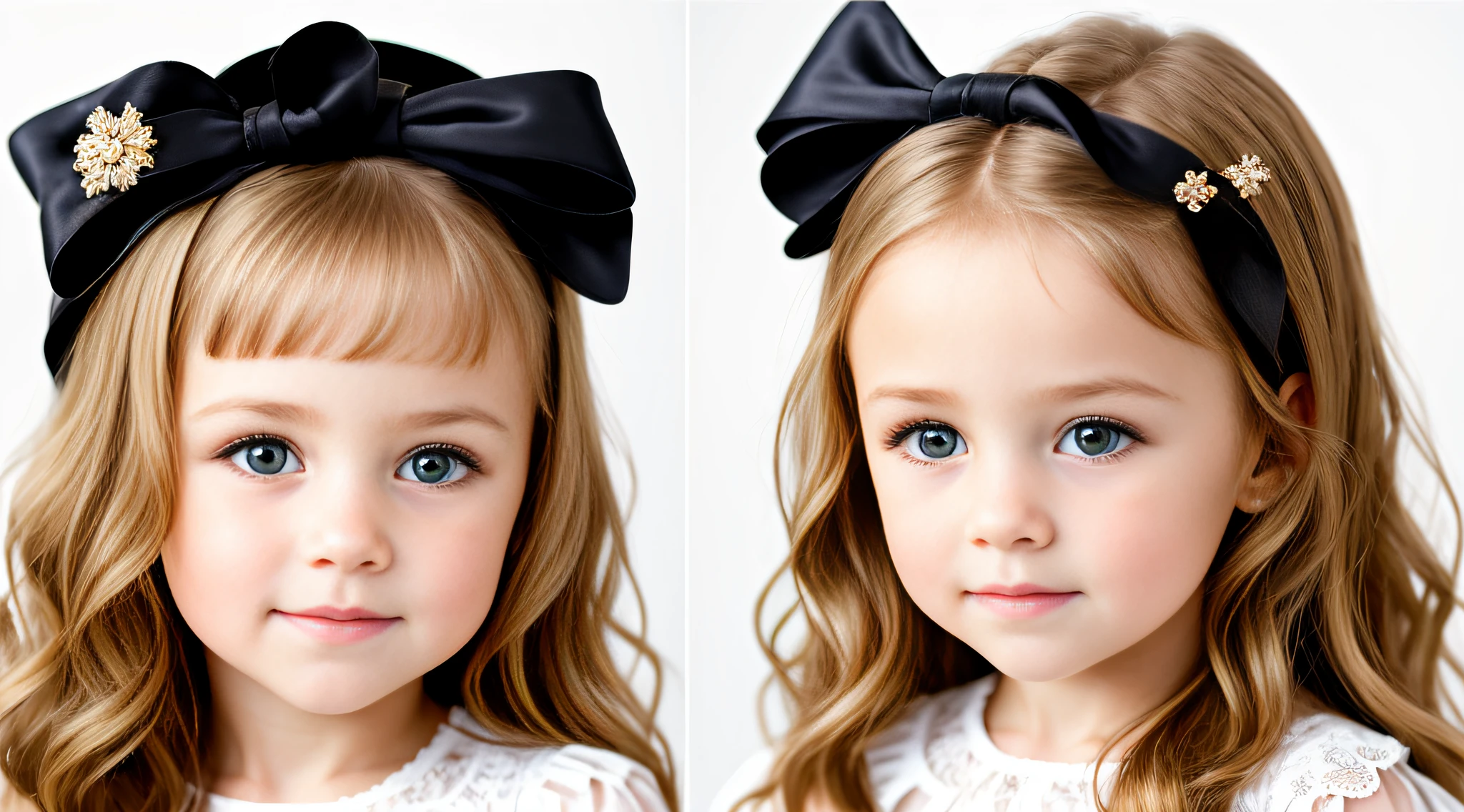 Russian style, girl children, photo studio white infinite background, close-up, bust, portrait, long blonde hair TRACINGS and giant bow BROWN on head