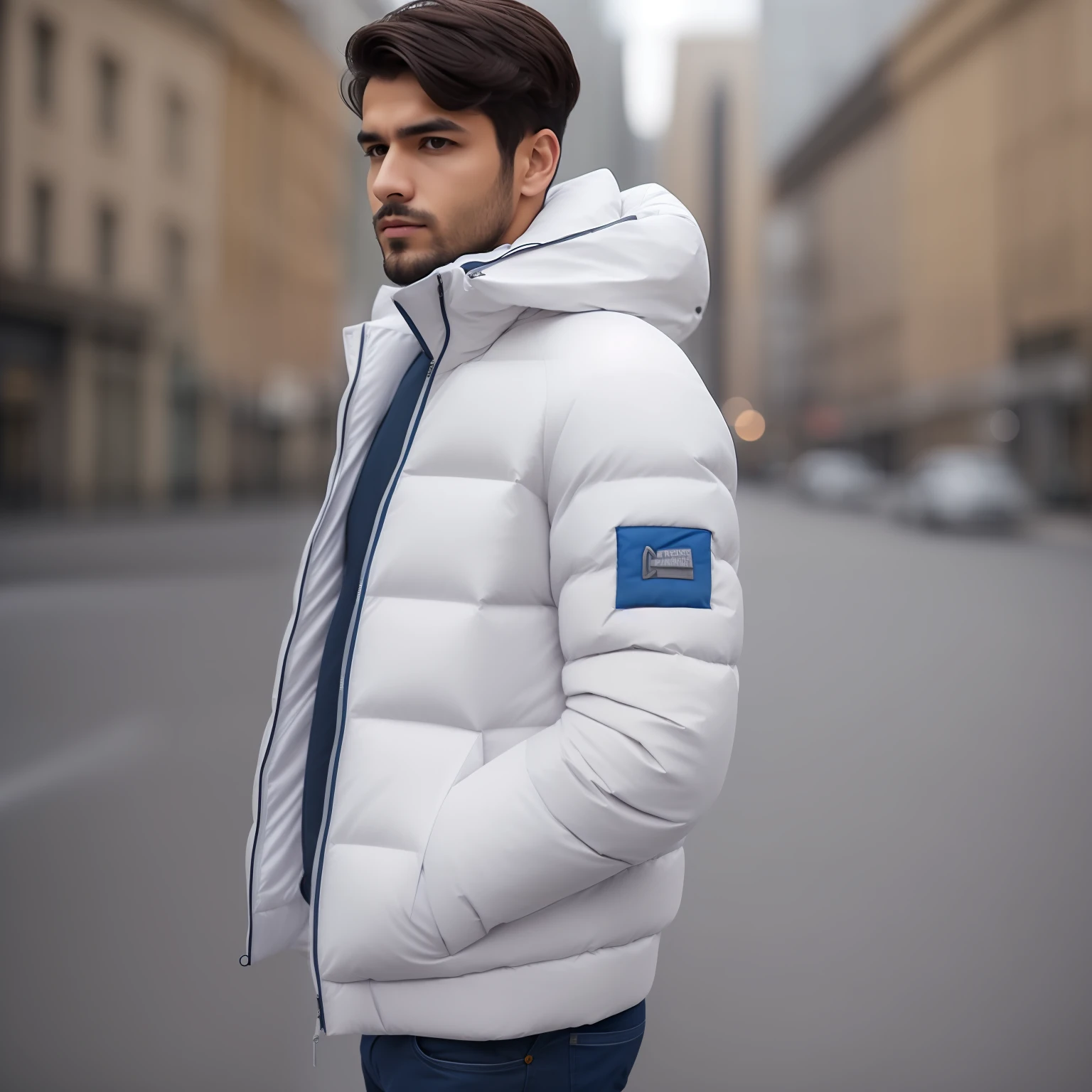 Medium shot of man wearing white puffed jacket, realistic