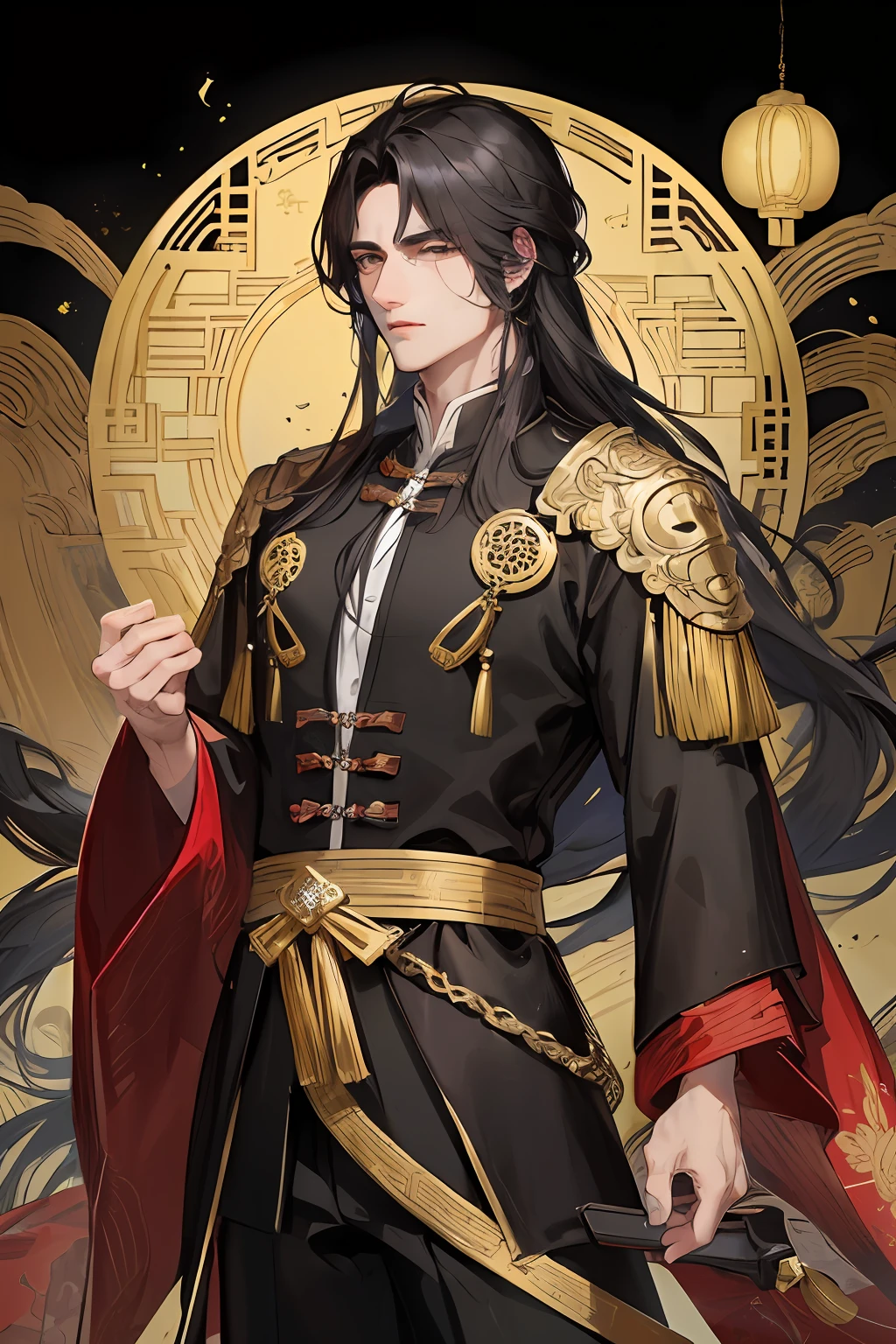 Masterpiece, Best Quality, Night, Full Moon, 1 Man, Mature Man, Chinese Style, Ancient China, Black Hair, Black Eyes, Split Hair, Long Hair, Long Bangs, Handsome, Handsome, Masculine, Serious, Gentle, Tall, Calm, Black and Gold Blended Clothing, Golden Pattern, Dragon Pattern Road, Prince, Palace