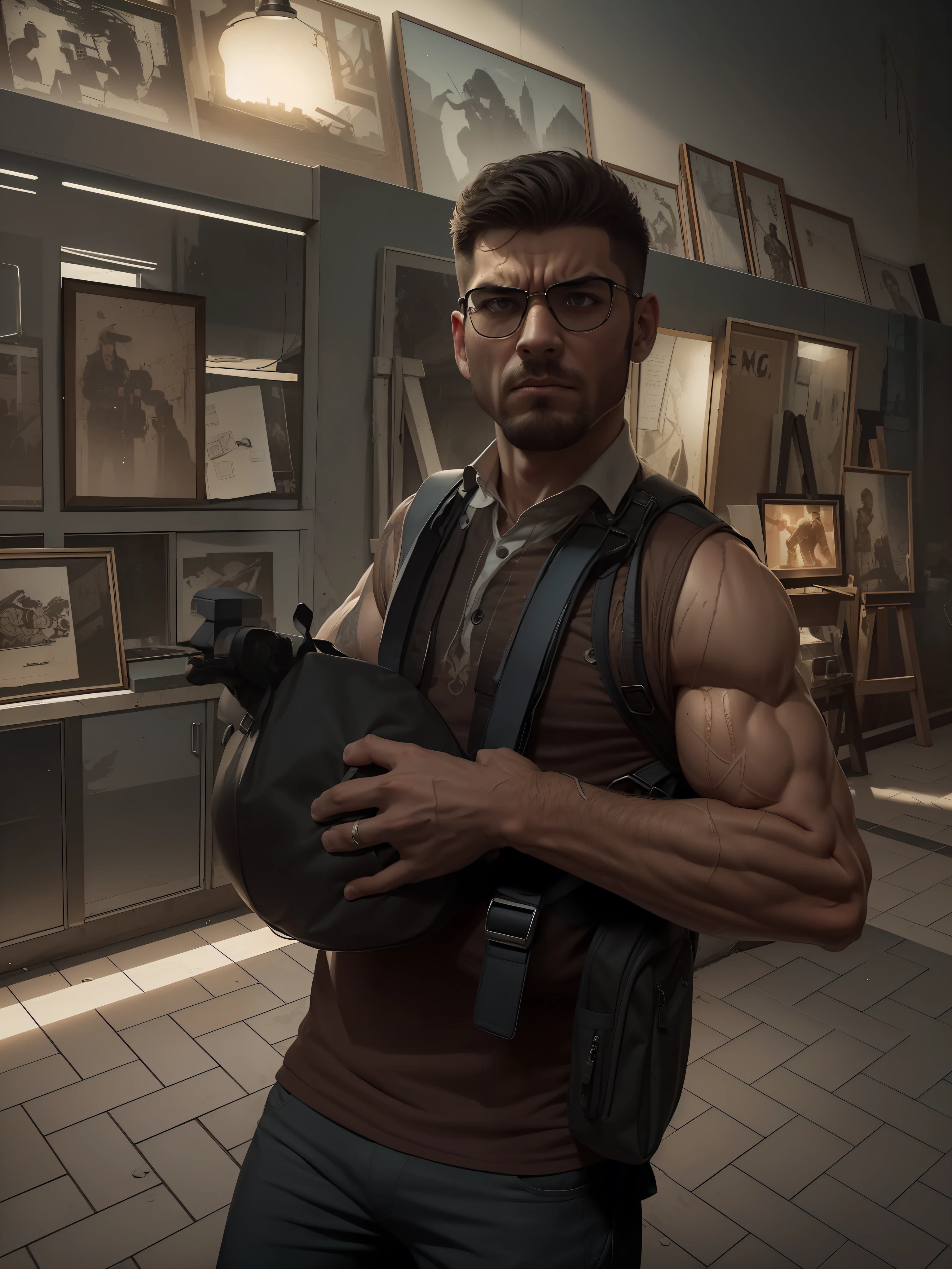 strong muscular man, street angry, backpack, epic realistic, photo, faded, complex stuff around, intricate background, soaking wet, neutral colors, ((((hdr)))), ((((muted colors)))), intricate scene, artstation, intricate details, vignette