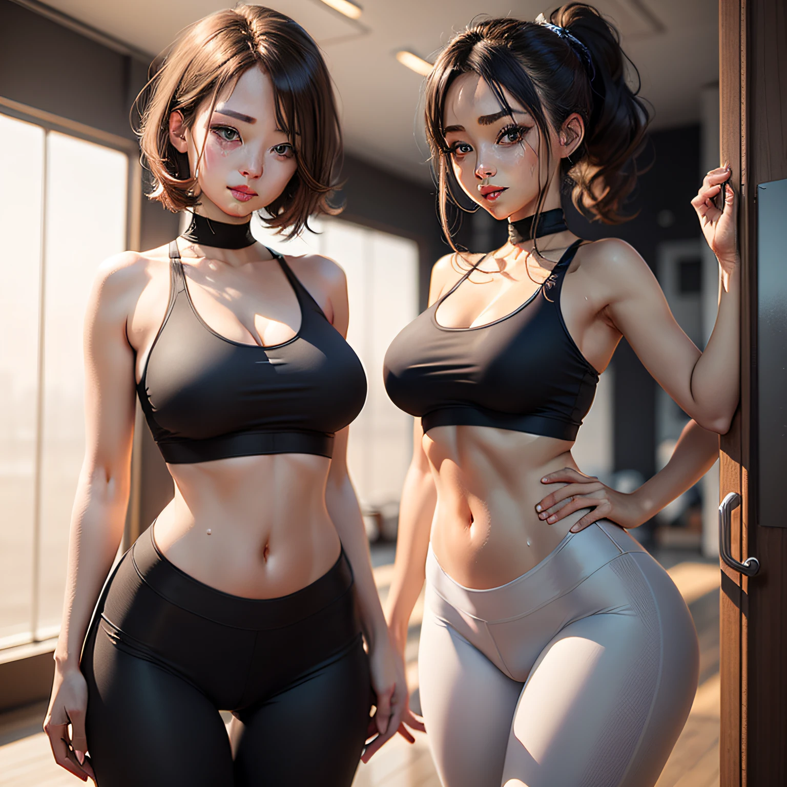 insanely beautiful girl, short messy brunette hair, ponytail, heterochromia brown and grey, minimal Yoga clothes, hourglass body, little smile, open-minded, yoga studio, Full body Beautiful anime style girl, sweat leggs, secypose, clean detailed faces, intracated clothing, analogous colors, glowing shadows, beautiful gradient, depth of field, clean image, high quality, high detail, high definition, Luminous Studio graphics engine, cute face, big braest, slim waist, nice hips,