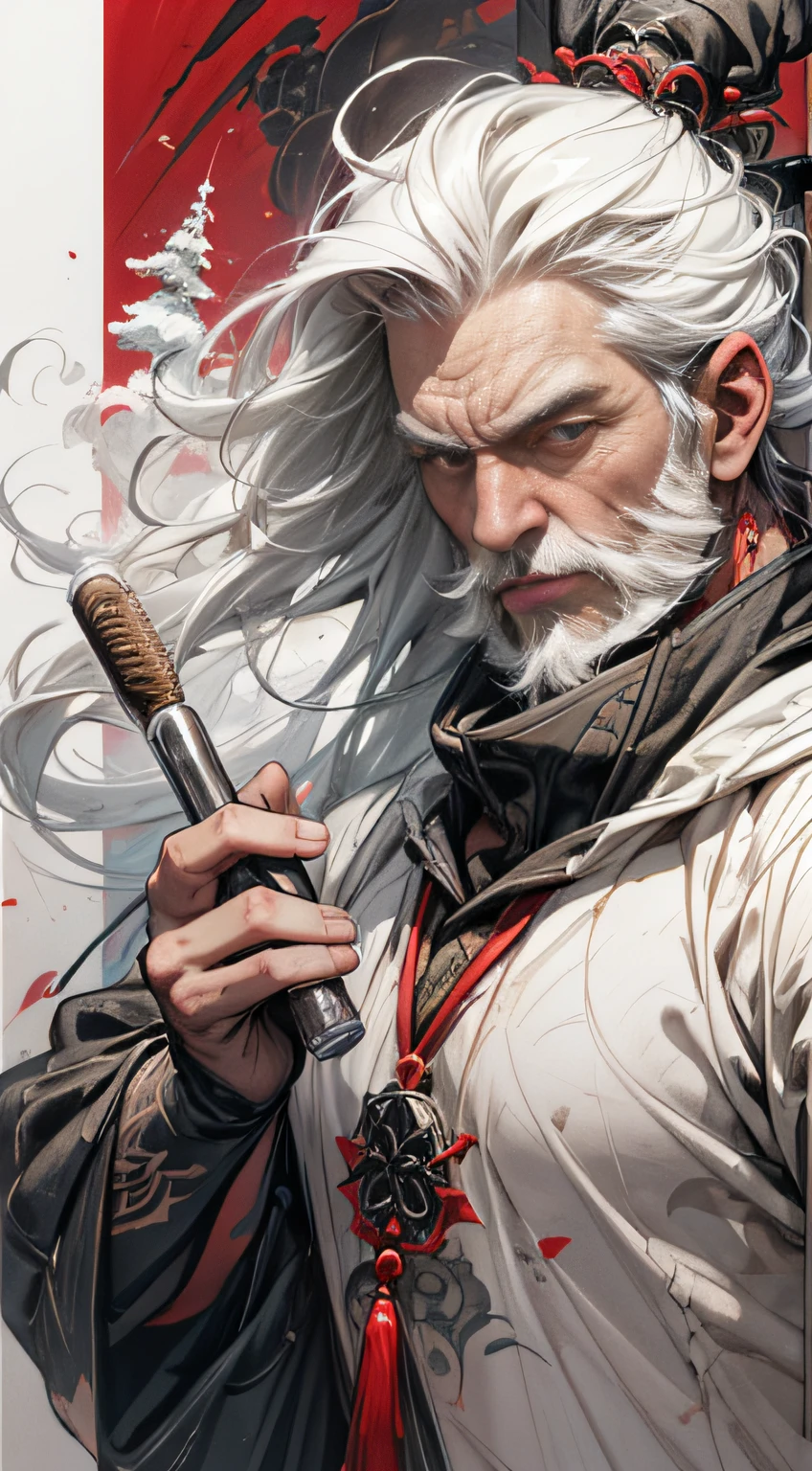 Best Quality, Male Focus, (66 Chinese Grandpa: 1.5), (Hairy: 1.5)(Chubby: 2), (Nude: 1.5), (Anger: 1.5), (Blush: 1.5), (Heavy Breathing: 1.5), (Big Eyes: 1.5), (White Body Hair: 1.5) (Long White Hair: 1.5), (Long and Heavy White Beard: 1.5), (Wrinkle Skin: 1.5), (Tattoo: 1.5), High, Chinese Armor, Triglycerides, (Chubby), (pot-bellied), , plump, large, milk spray body, milk splash face, milk shower body, face full of milk, hairpins, outdoors, twilight, red sky, temple, winter, snowstorm in background, pine forest, ink sketch, monochrome