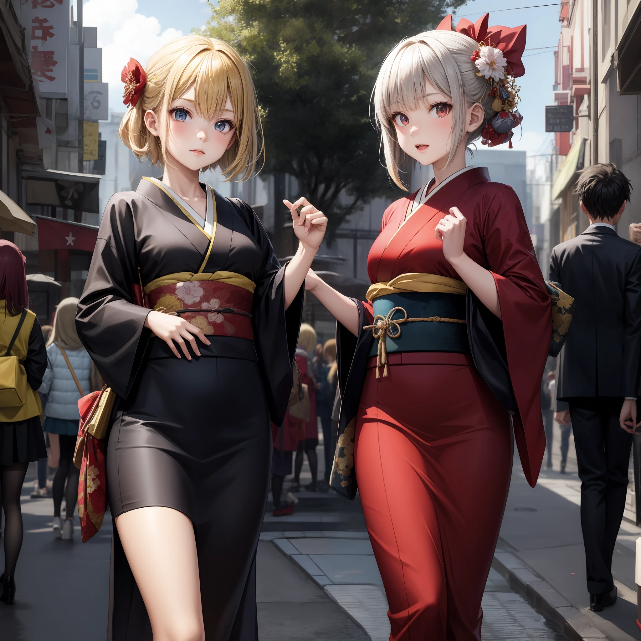 anime, blonde girl, gray girl, red-eyed twins, kimono,