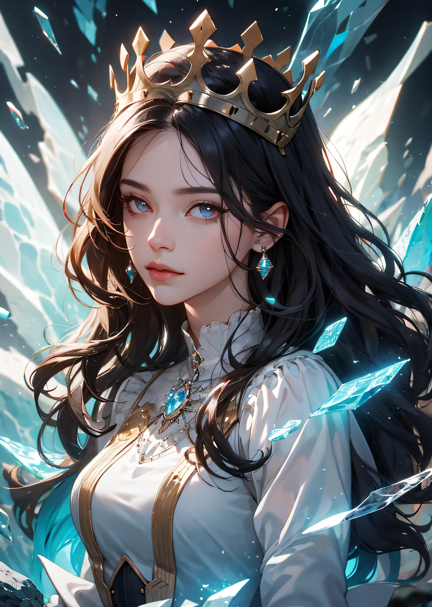 (ridiculous, high resolution, super detailed), 1woman, mature female, older, wavy long hair, russet hair, coral eyes, bangs, long sleeves, delicate eyes and delicate face, extremely detailed CG unity 8k wallpaper, intricate details, (style-swirlmagic:1.0), looking at viewer, solo, upper body, detailed background, close up, detailed face, (gothic dark ages theme:1.1), crystal sorcerer, dynamic pose, earth themed clothes, crystal crown, floating in the air, glowing magic fragments, surrounded by blue magic crystals, rock formations, stalactites, magic floating particles, crystal glass, crystal balls, crystal canyon background, (shallow water: 0.7), epic ethereal atmosphere, updraft, portrait, crown, big waves of thick hair