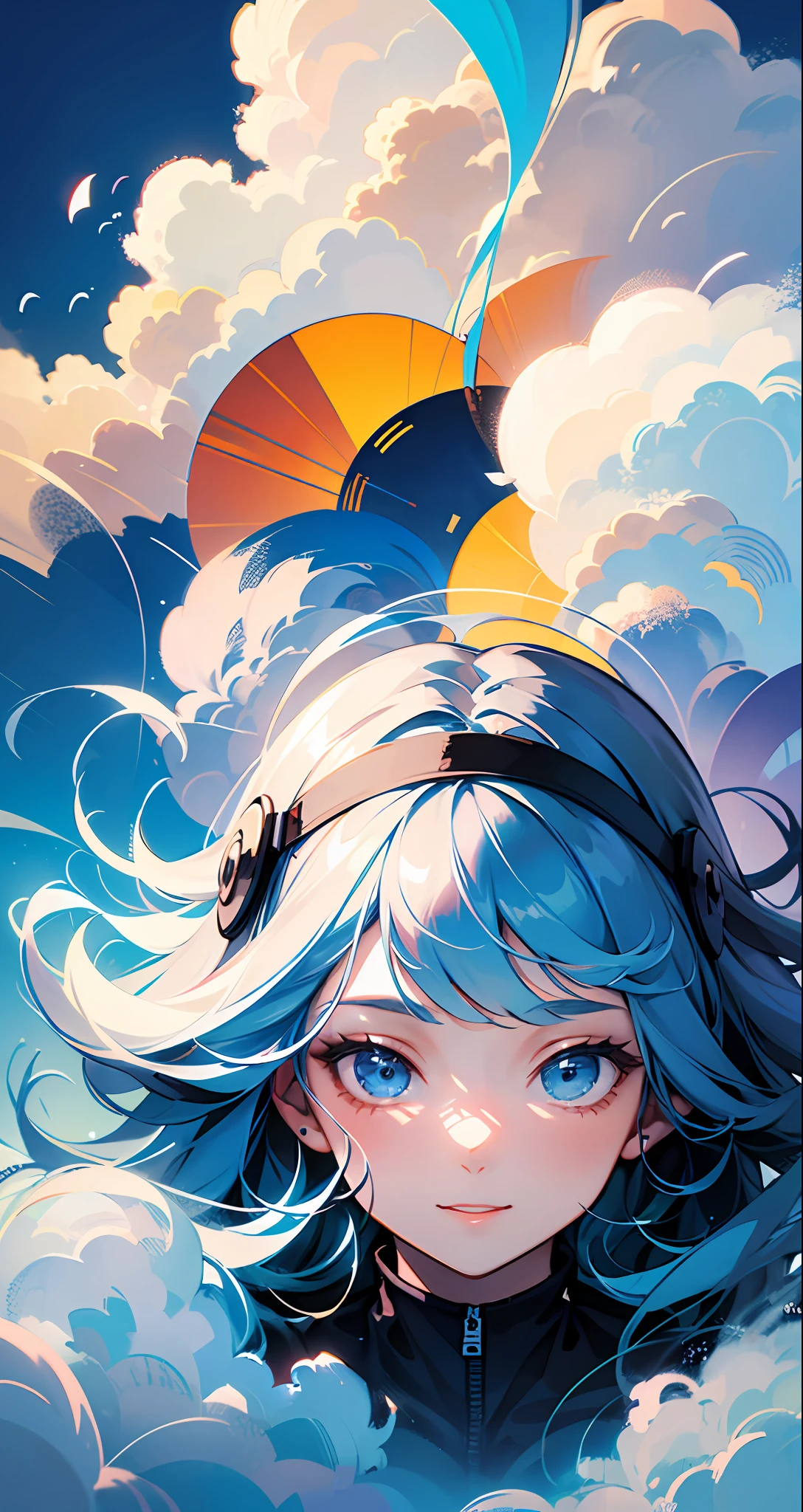 masterpiece, best quality, movie still, 1girl, floating in the sky, cloud girl, cloud, (close-up:1.1), bright, happy, fun, soft lighting, (Bauhaus, shapes, lines, abstract:1.1)