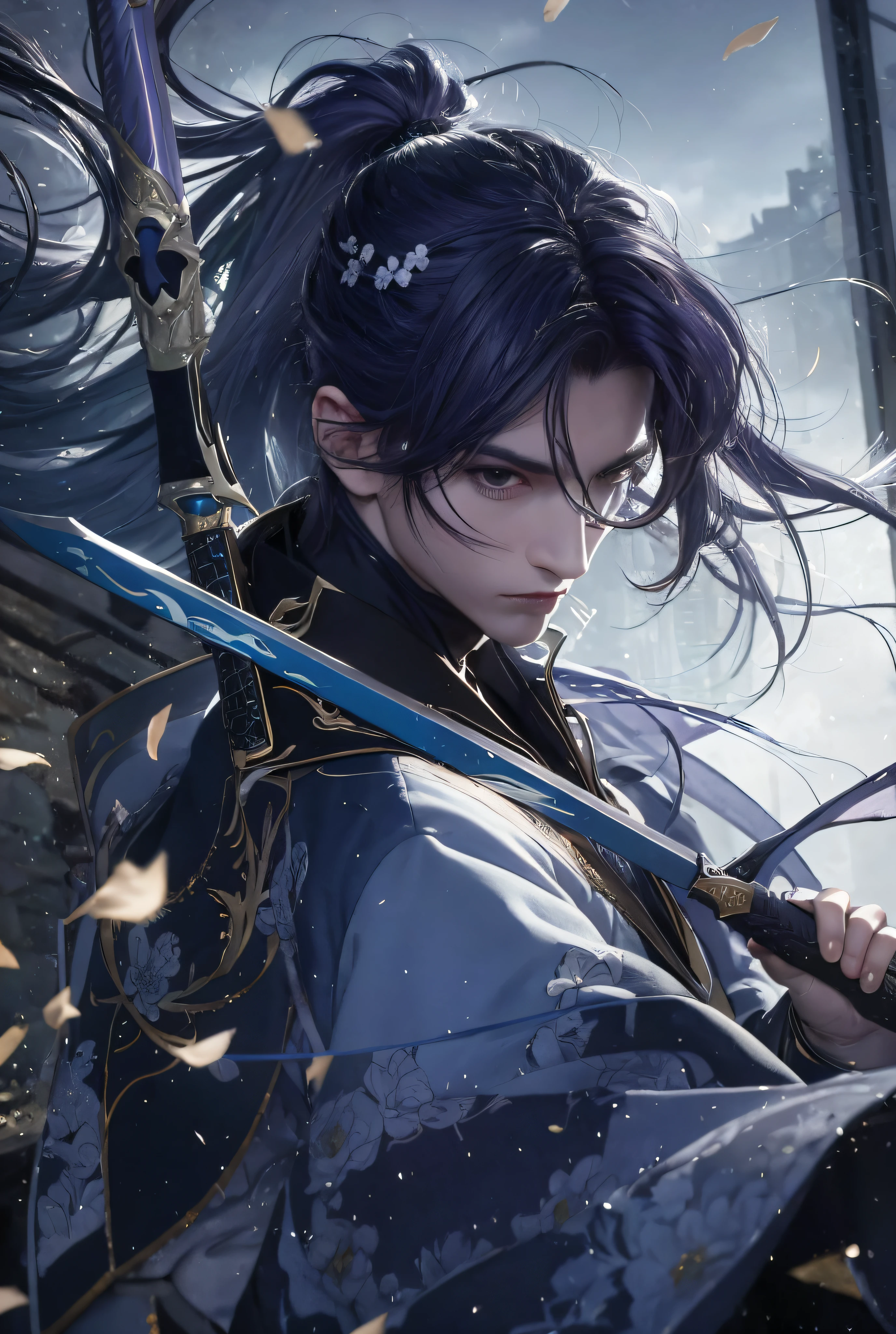 Blue-purple style, scabbard on back, messy hair, broken hair, long hair, chivalry, very beautiful cyberpunk digital artwork, male focus, handsome, heroic and sassy, beautiful man, wearing a blue and white kimono, holding a long sword on the shoulder, chivalry style, high-quality detail depiction, blurred background and soft light set off, middle side shooting, middle side perspective, pattern decorations and accessories, broken flowers and flying flowers, dense fog surrounding, light and shadow change extremely exquisite. Anime style 4k wallpaper.