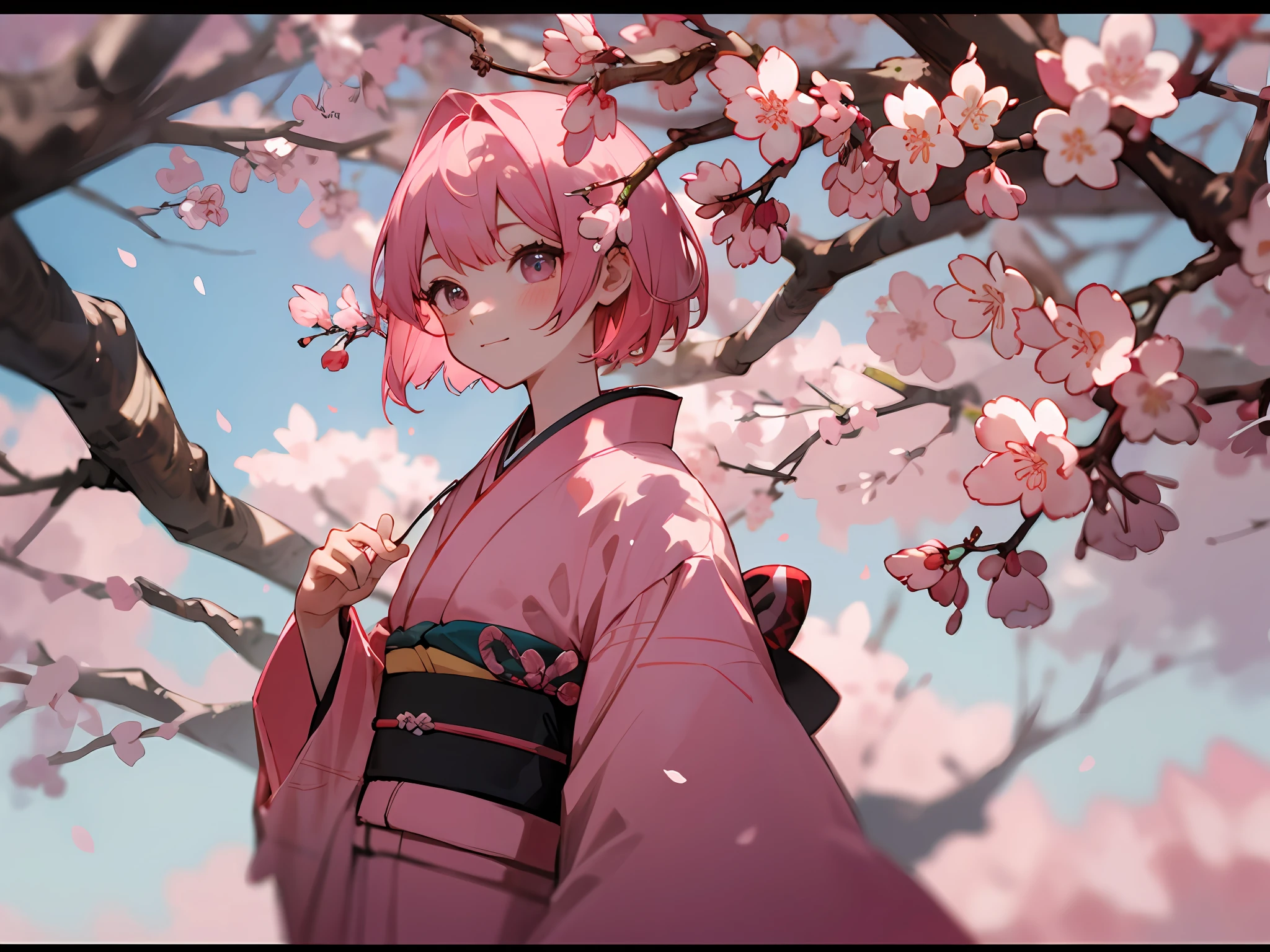 1 young woman, pink hair, kimono, cherry blossom, short hair,