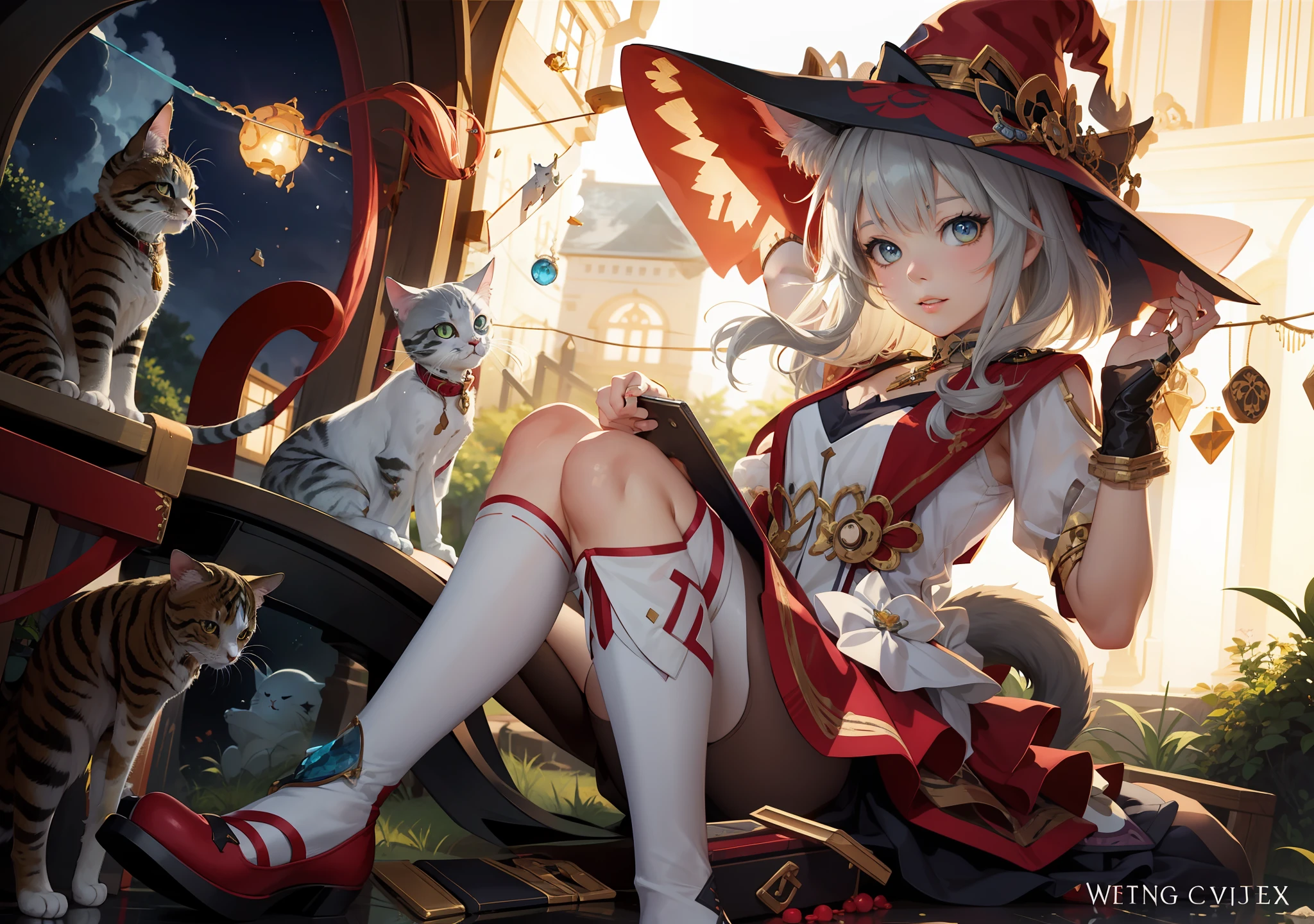 Anime Girl Riding with Cats in Witch Costume, Splash Art Anime Lori, Kavasi, From the East, Zero Zen Art, Cat Witch, Digital Art on Pixiv, WLOP and Sakimichan, Very Beautiful Anime Cat Girl, Pixiv, Astral Witch Dress, Cute Lori, Real Scene, Live Action, COSER, Realistic Style, 3 Year Old Girl