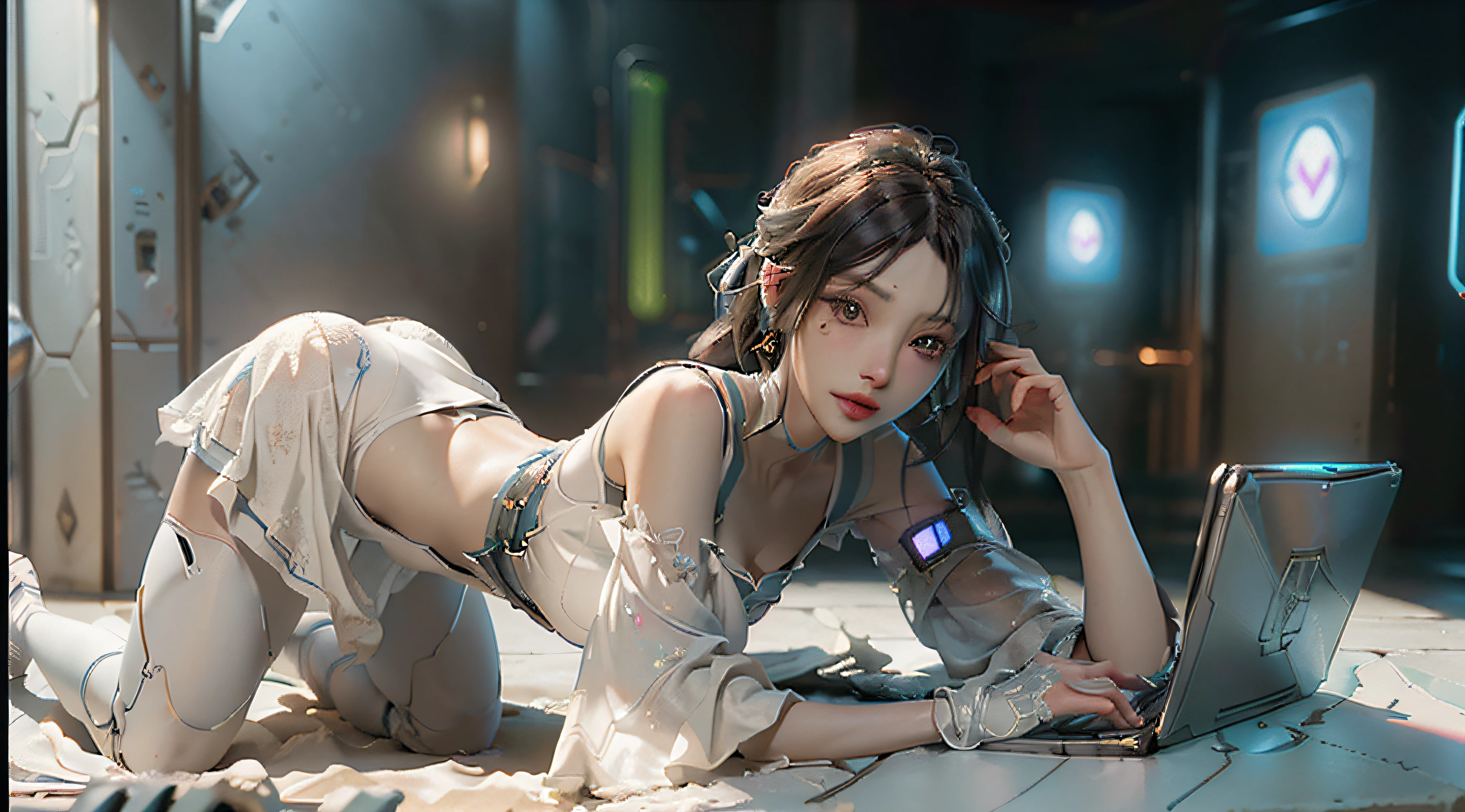 (Best Quality), ((Masterpiece), (Detail: 1.4), 3D, A Beautiful Cyberpunk Woman, HDR (High Dynamic Range), Ray Tracing, NVIDIA RTX, Super-Resolution, Unreal 5, Subsurface Scattering, PBR Textures, Post-Processing, Anisotropic Filtering, Depth of Field, Maximum Sharpness and Clarity, Multi-layer Textures, Albedo and Highlight Maps, Surface Shading, Accurate simulation of light-material interactions, perfect proportions, Octane Render, two-color light, large aperture, low ISO, white balance, rule of thirds, 8K RAW, landing on all fours